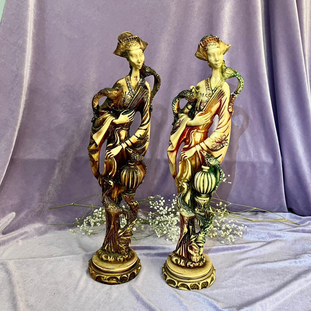 Pair Oriental Ladies with Phoenix Statues