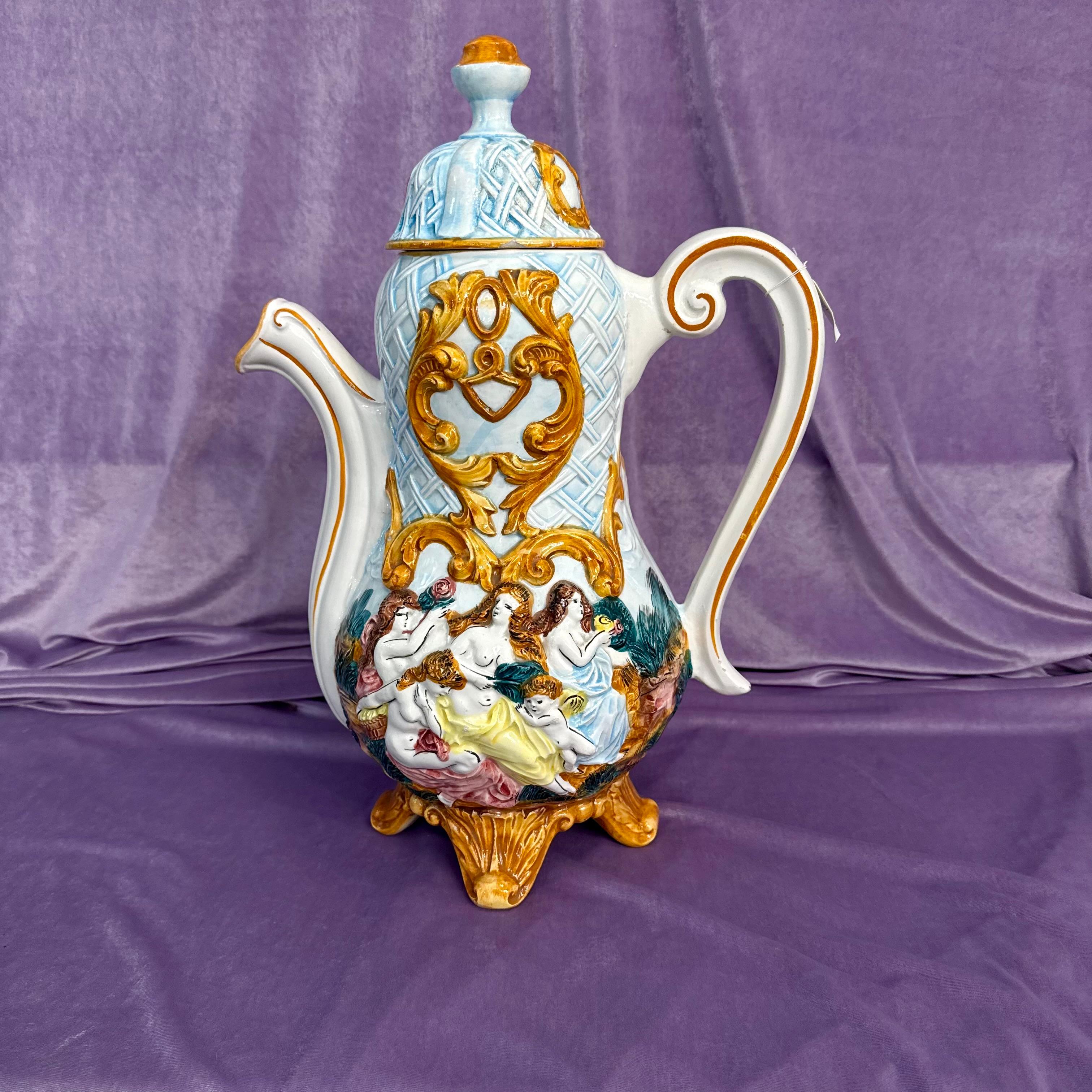 Capodimonte Tea Pot With Female and Cherub Figures