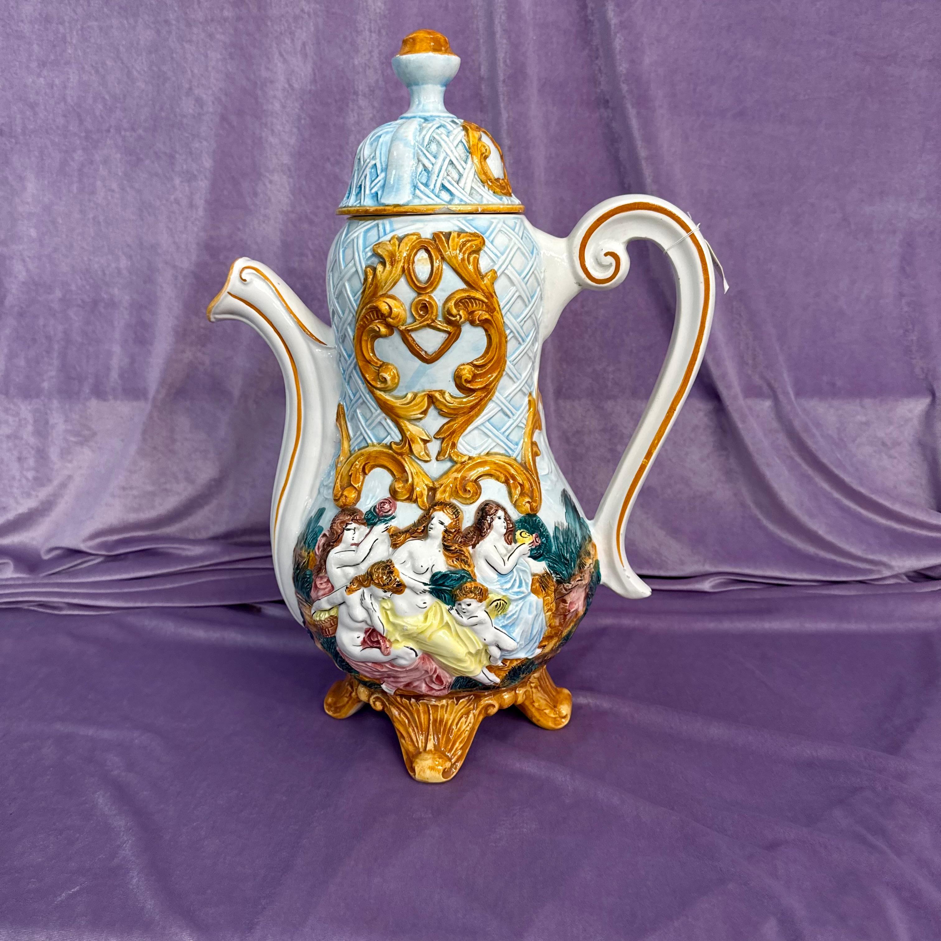 Capodimonte Tea Pot With Female and Cherub Figures