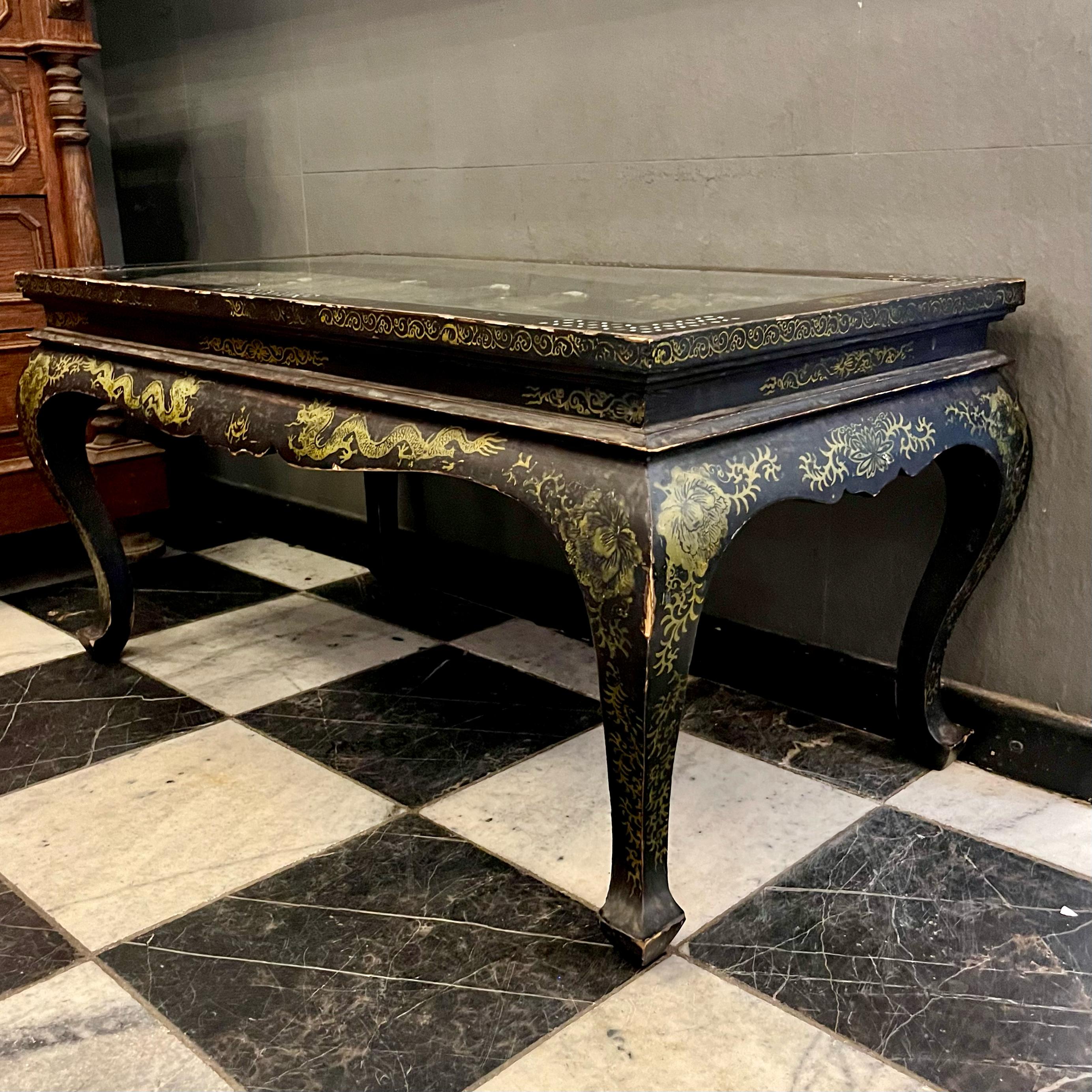 Japanese Lacquered Coffee Table with Hardstone Inlay, c.1950s