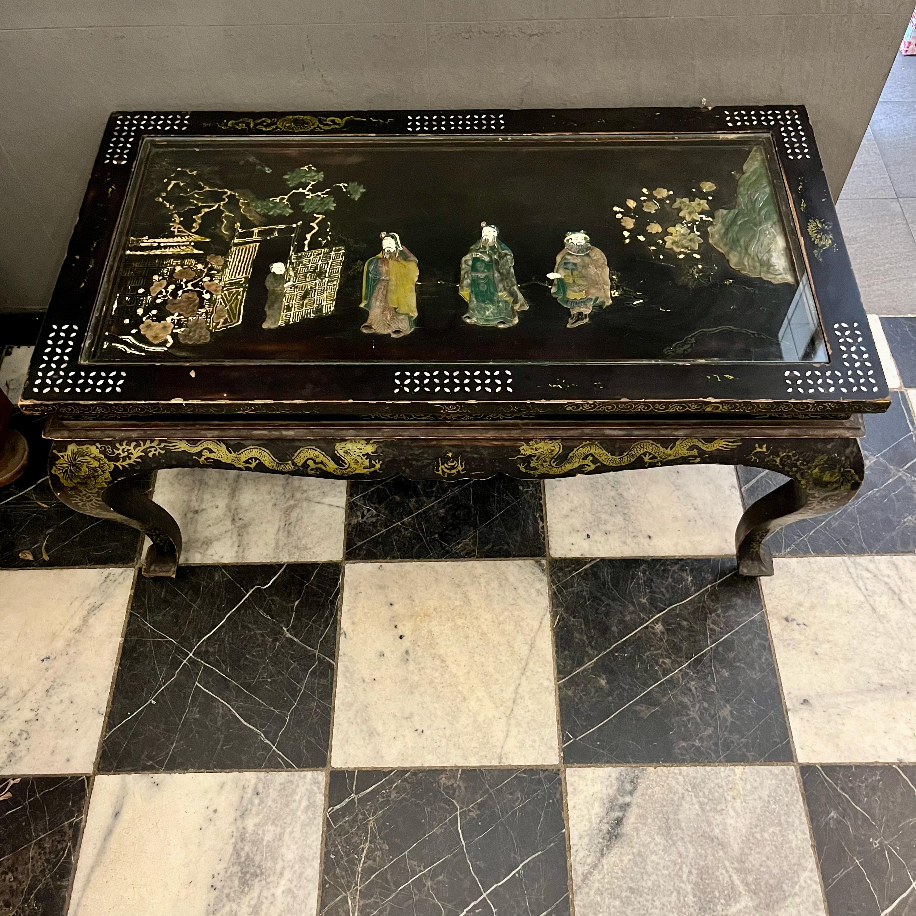 Japanese Lacquered Coffee Table with Hardstone Inlay, c.1950s