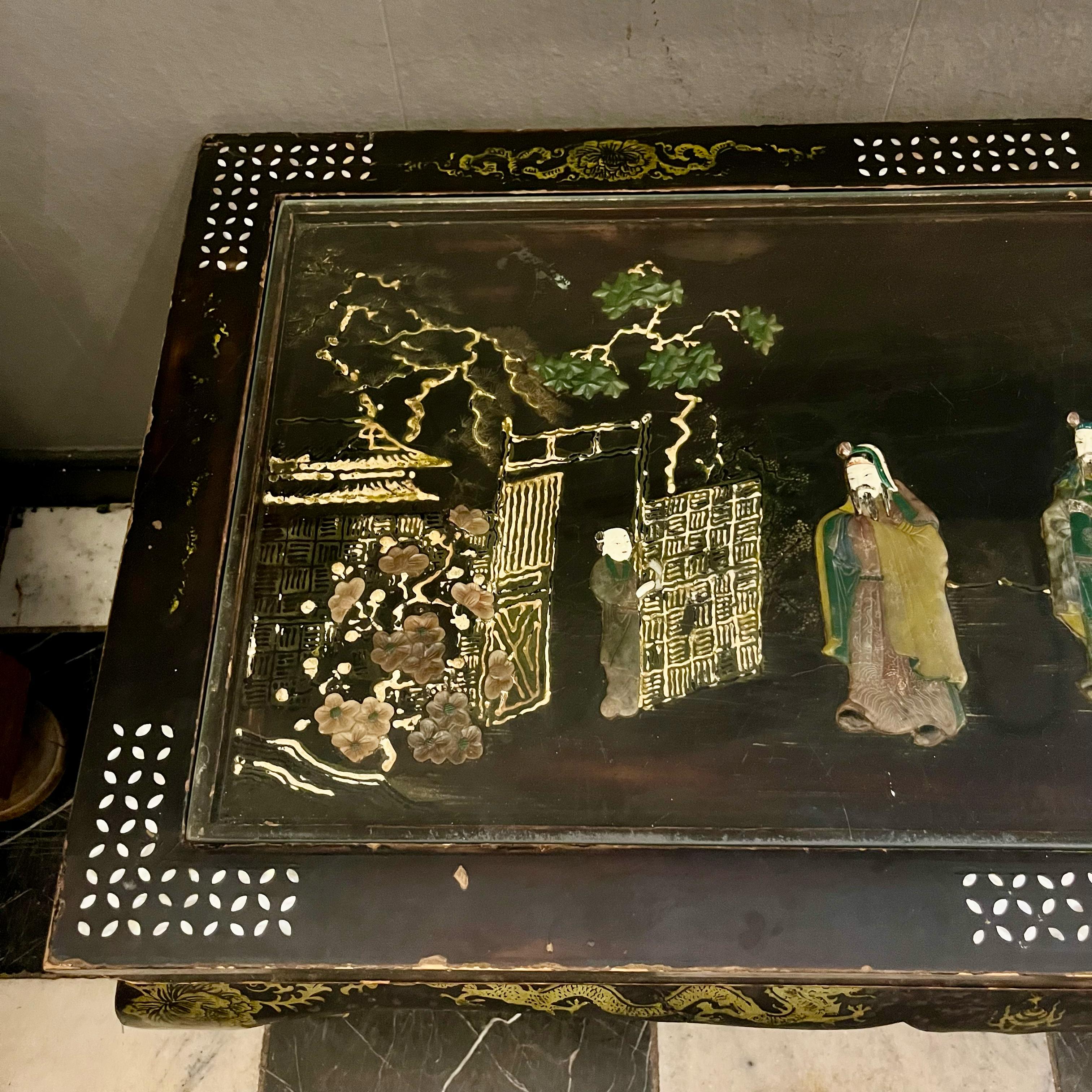 Japanese Lacquered Coffee Table with Hardstone Inlay, c.1950s