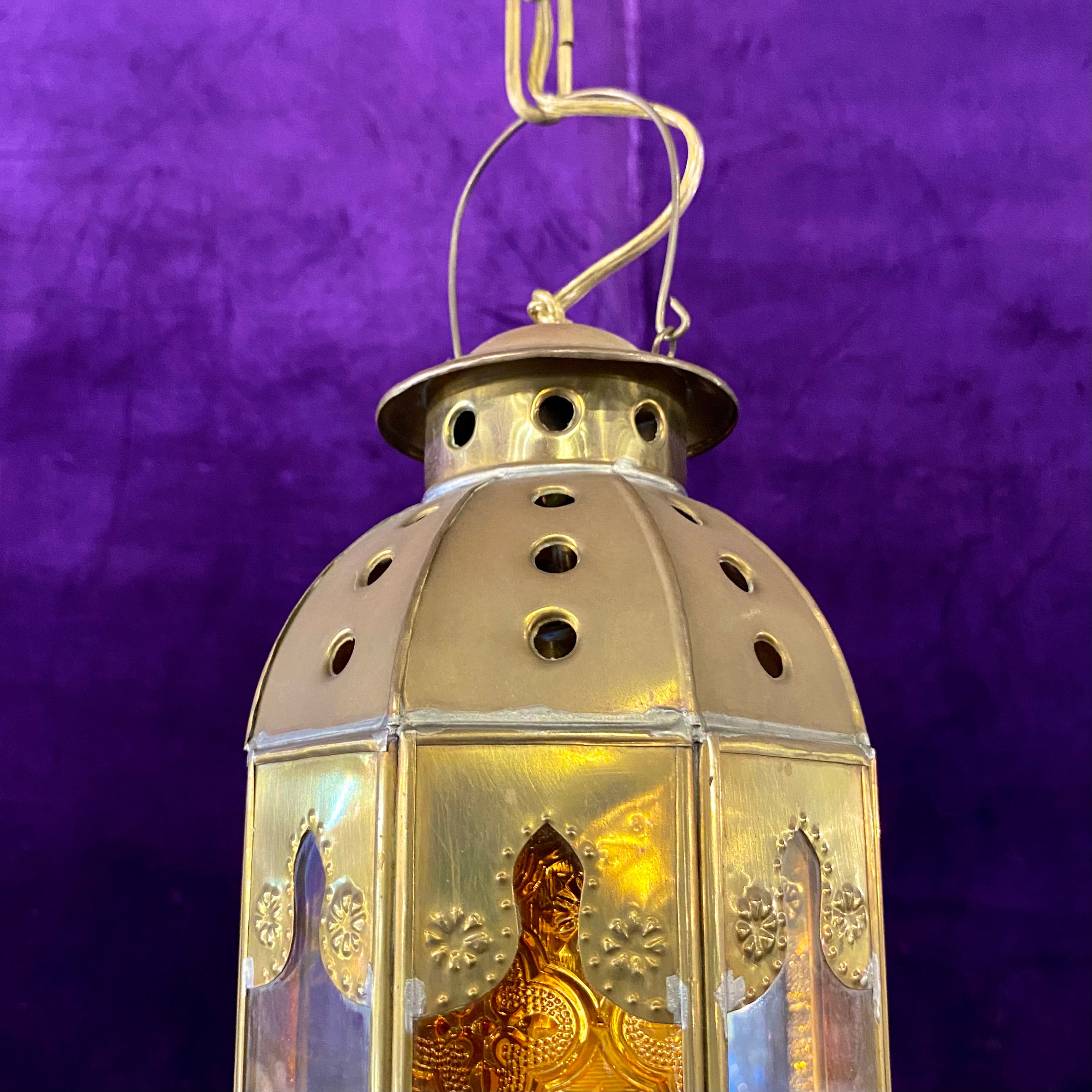 Moroccan Style Brass Lantern With Pressed Glass