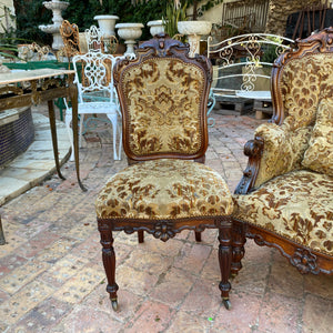 Antique Dark Wood Salon Set with Woven Upholstery