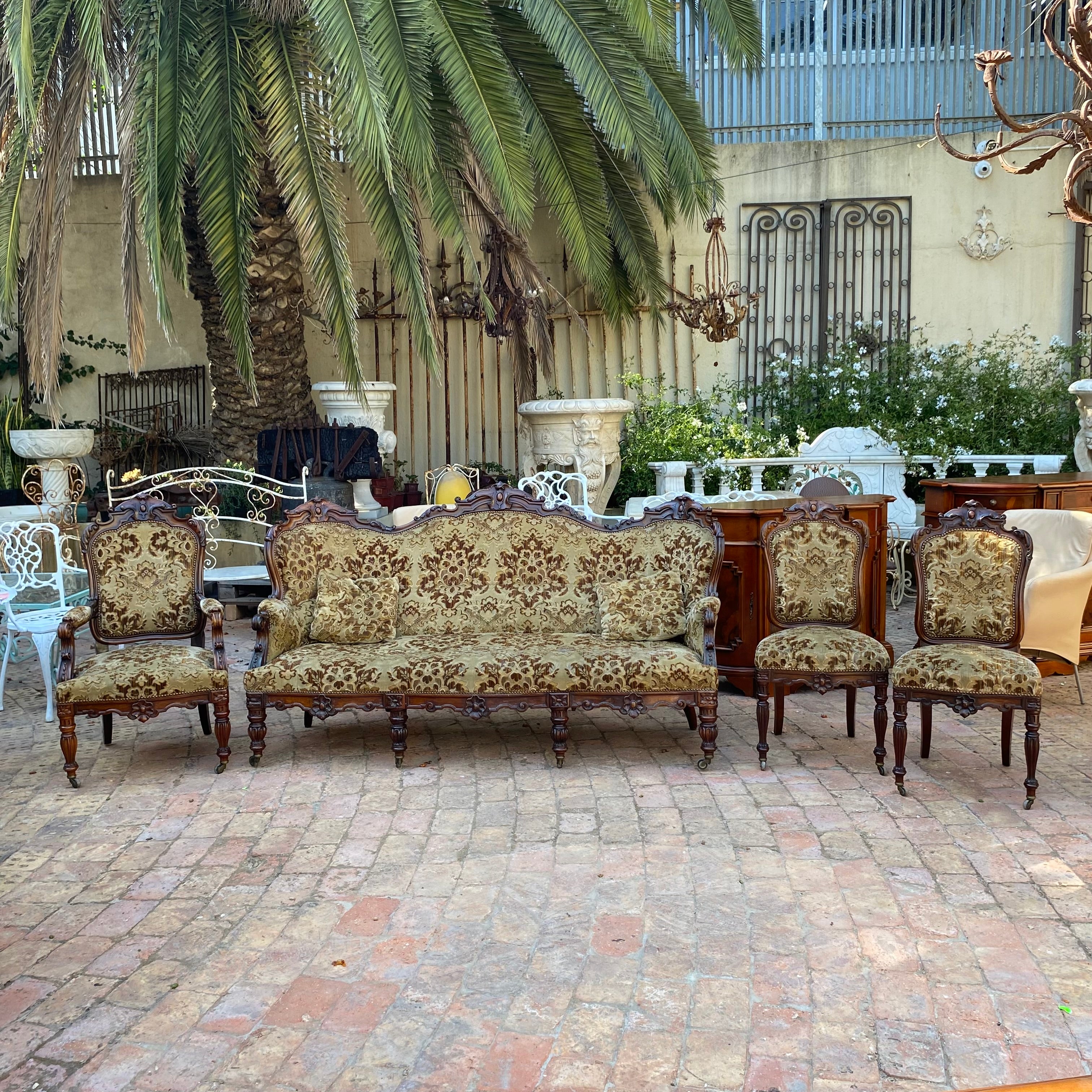 Antique Dark Wood Salon Set with Woven Upholstery