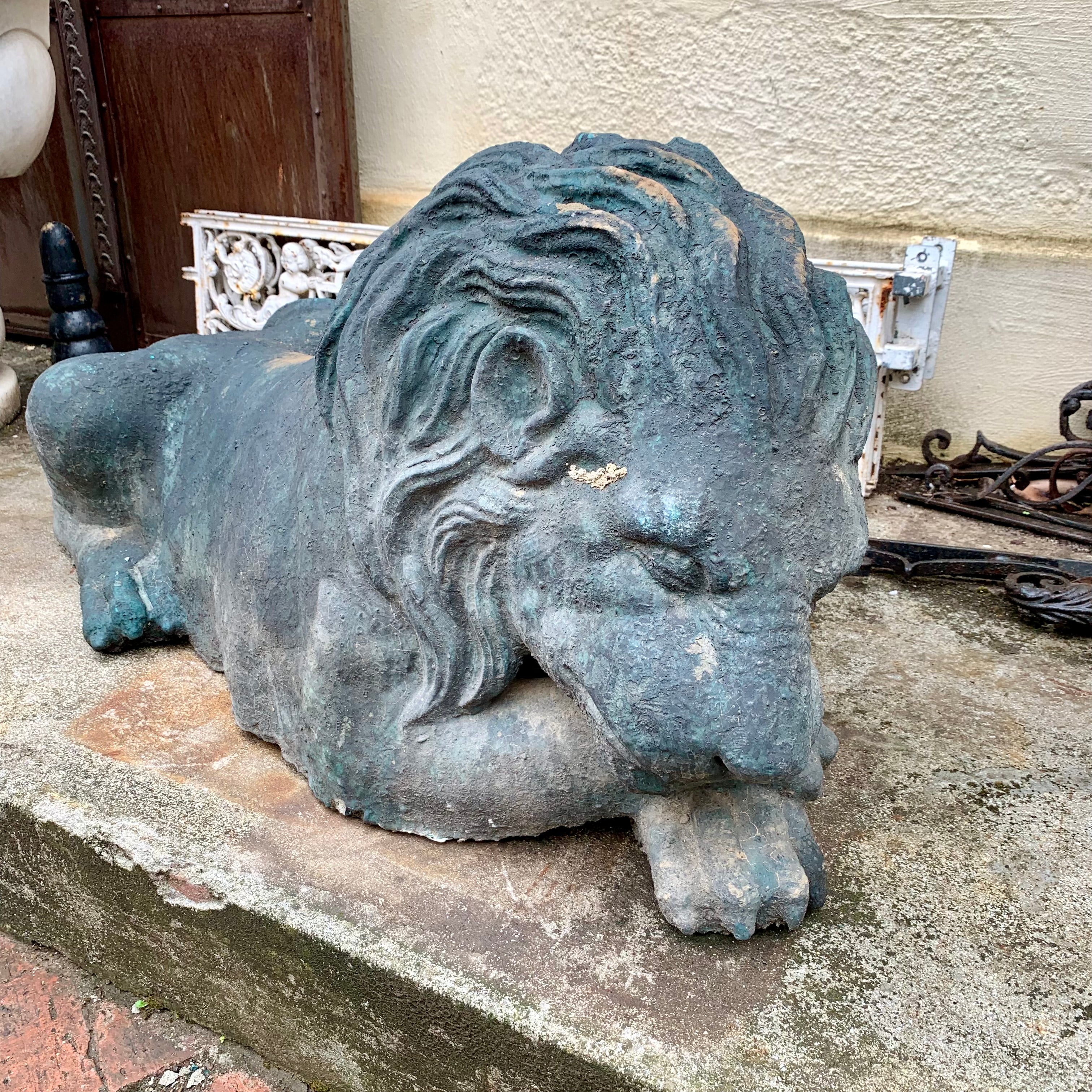 Aged Terracotta Statue of Sleeping Lion