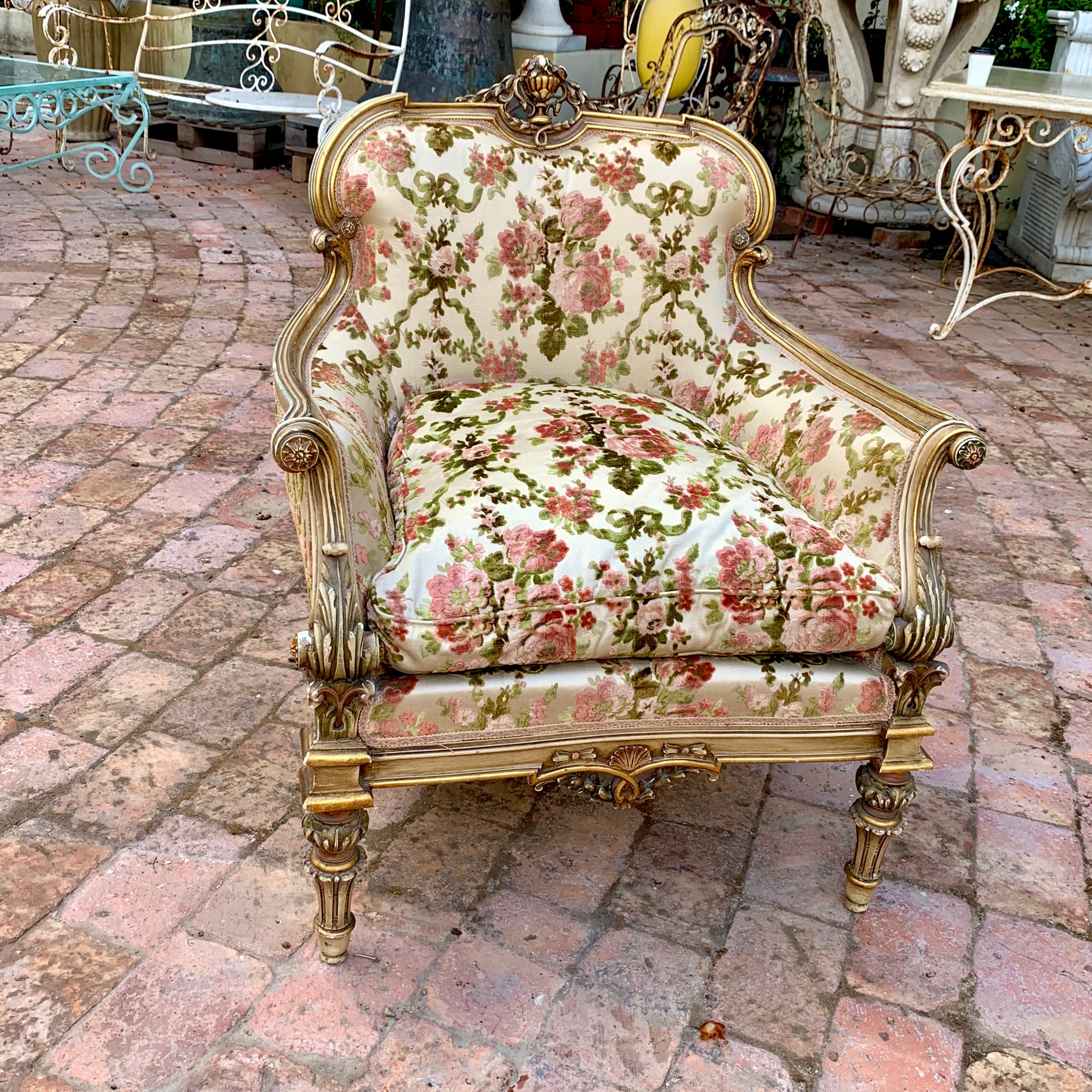 Antique Gilded Italian Salon Set in Beautiful Floral Upholstery - SOLD