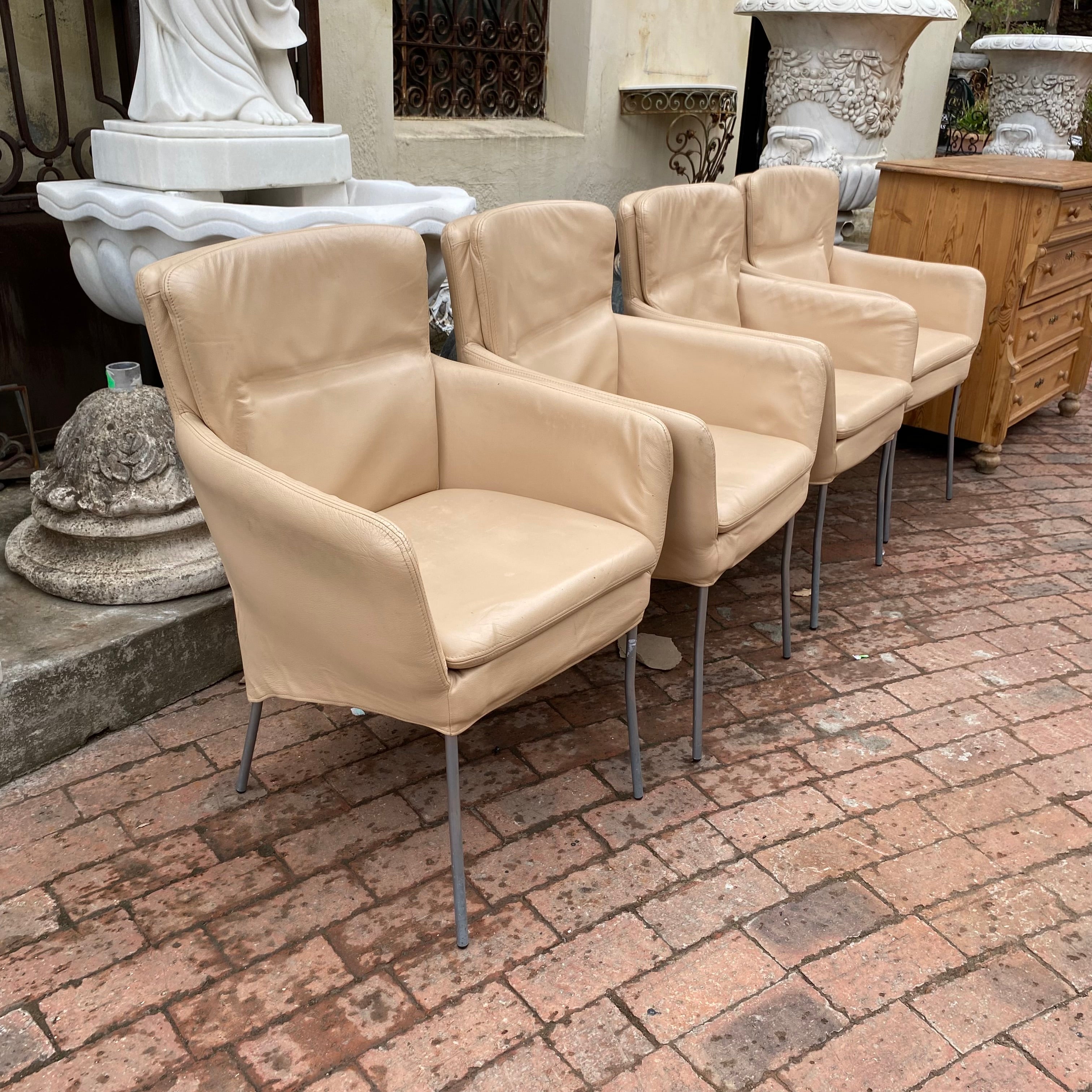 Mid Century Beige Leather and Chrome Chairs