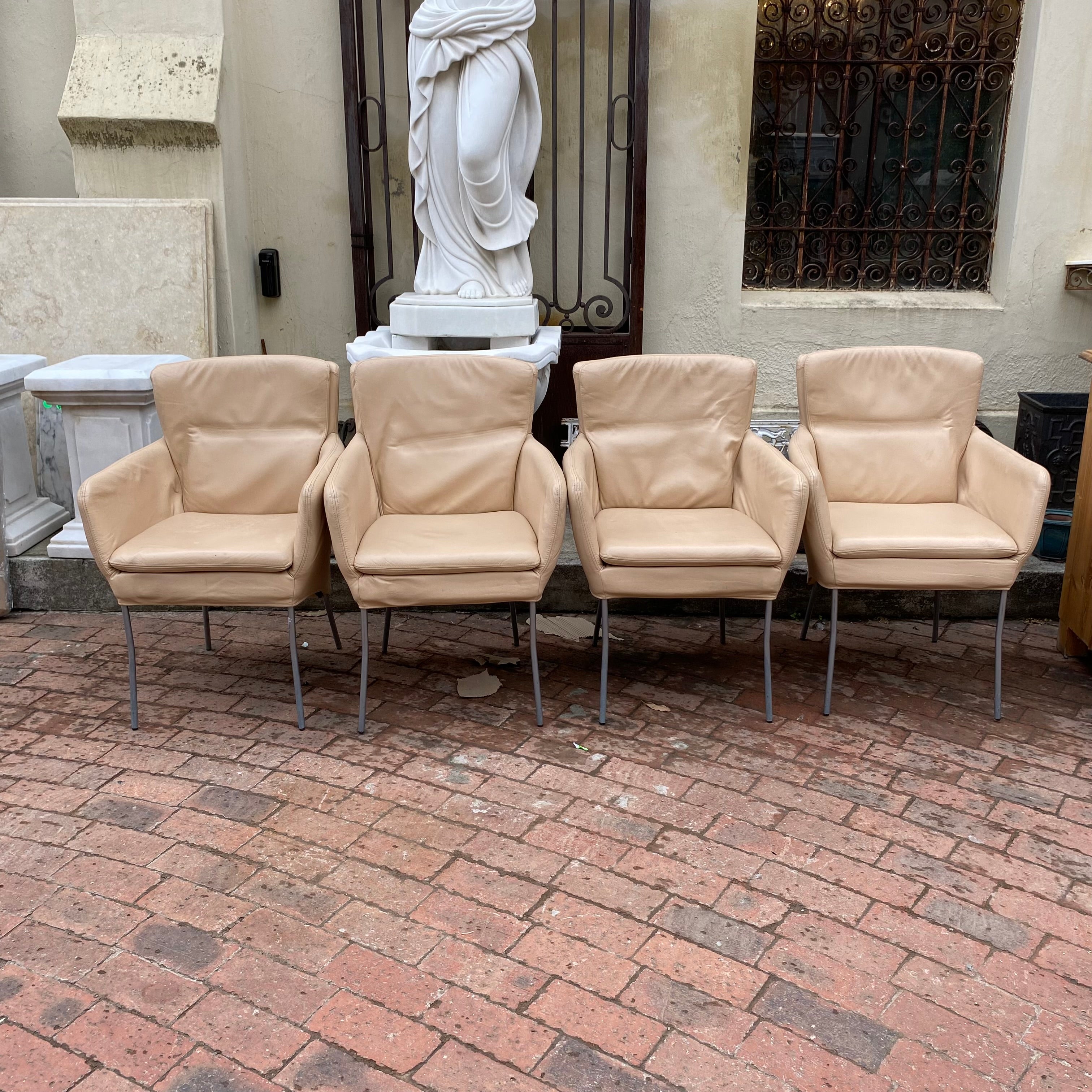 Mid Century Beige Leather and Chrome Chairs