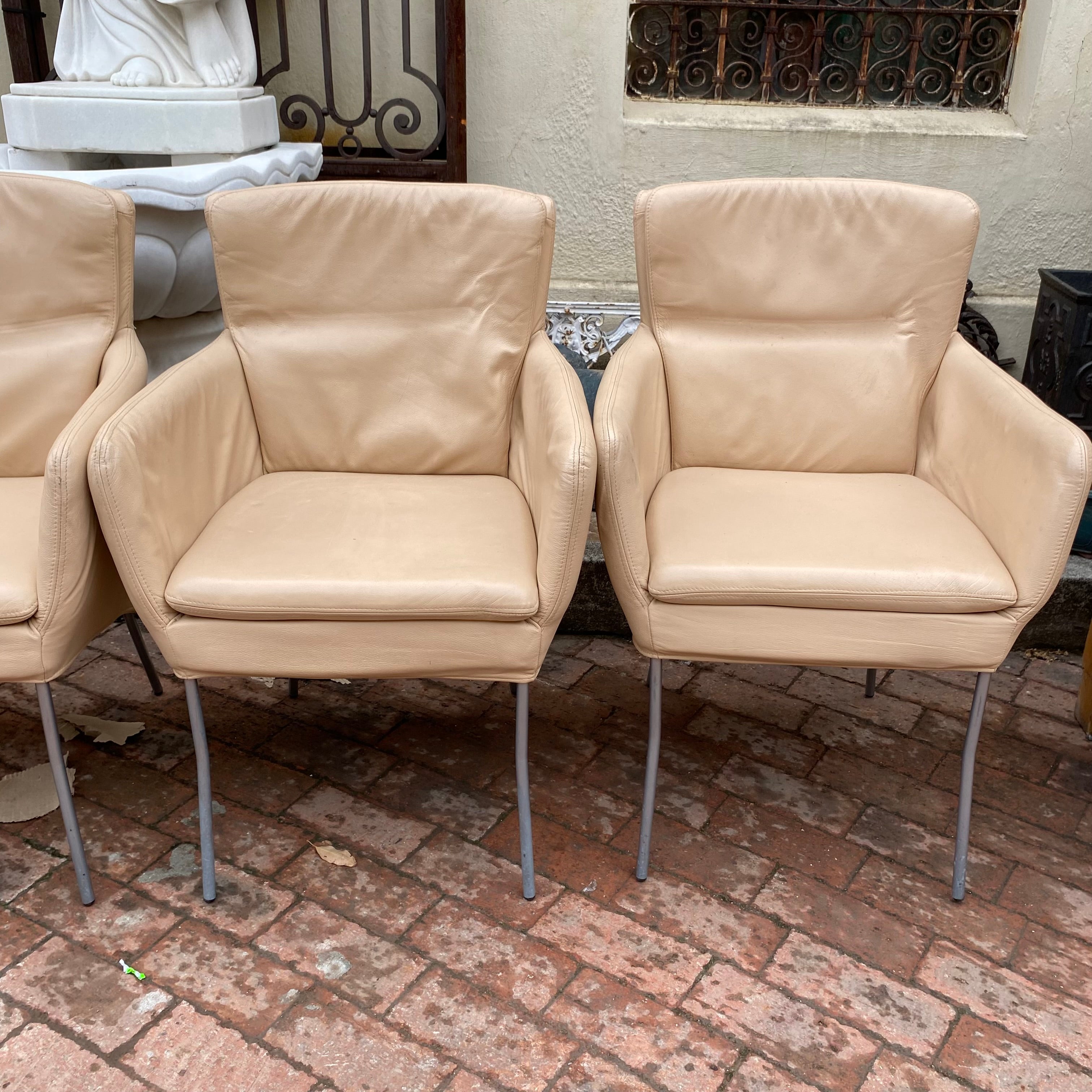 Mid Century Beige Leather and Chrome Chairs