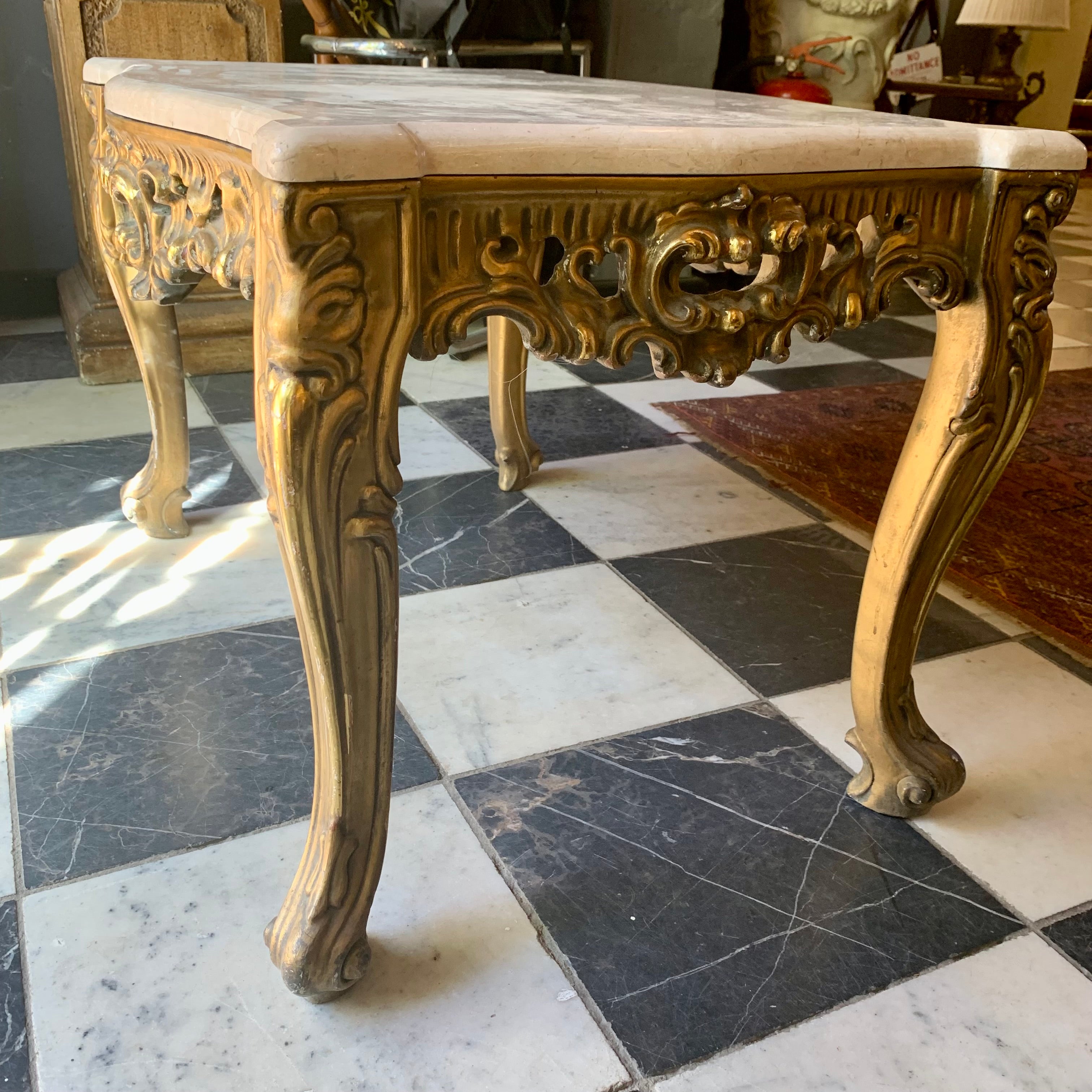 Antique Gilt Gold French Coffee Table with Cream Marble Top