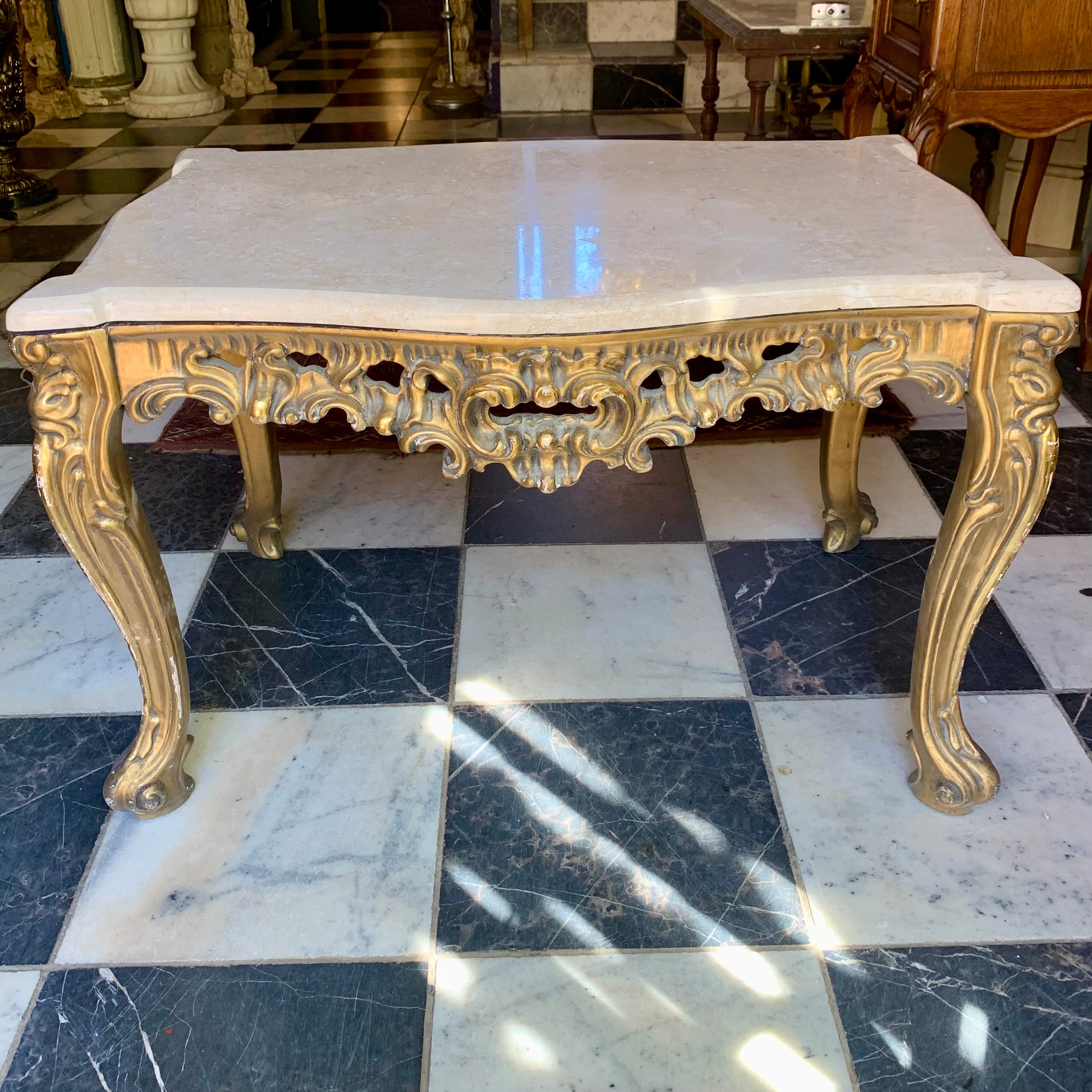 Antique Gilt Gold French Coffee Table with Cream Marble Top