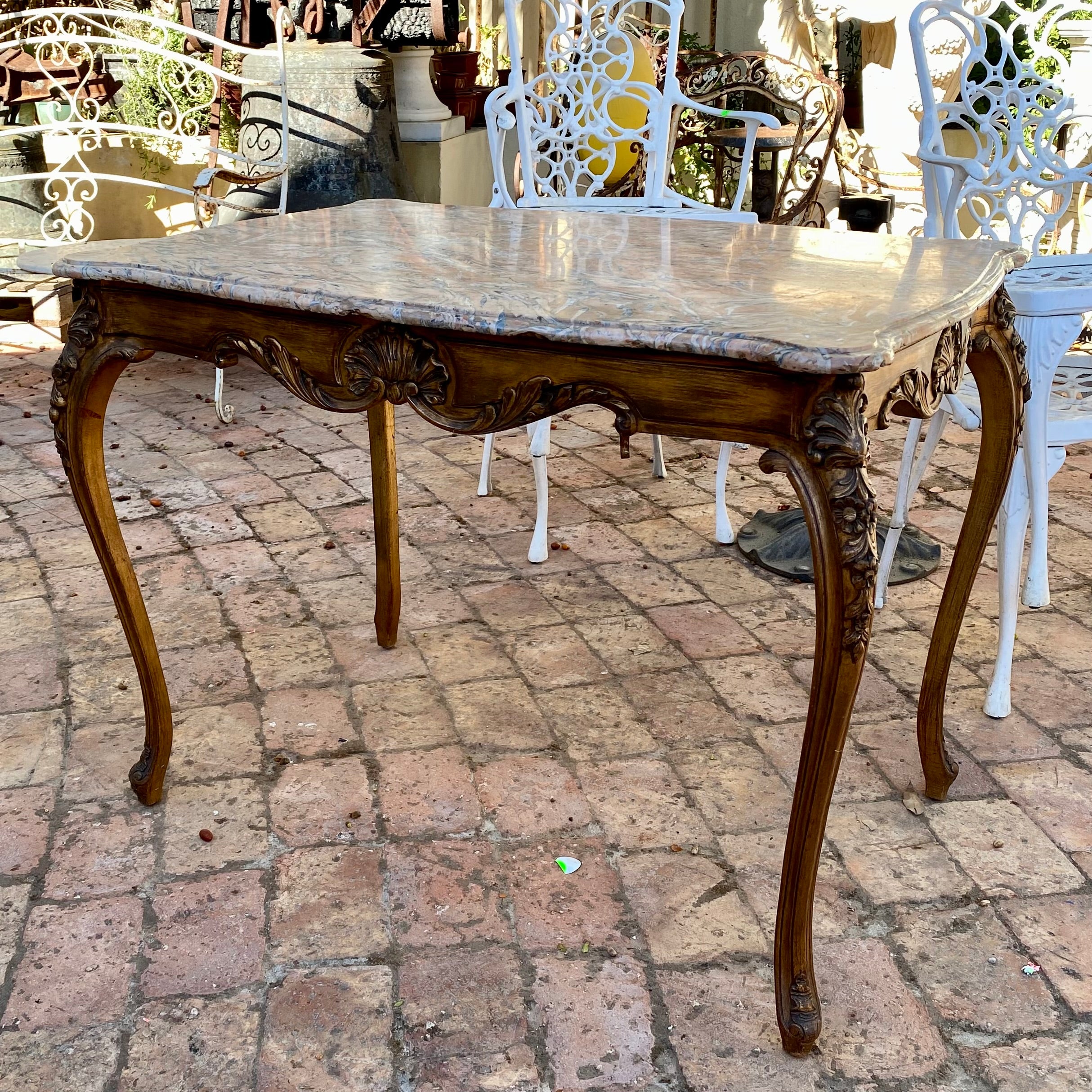 Antique French Oak Table with Beautiful Marble Table and Gold Accents