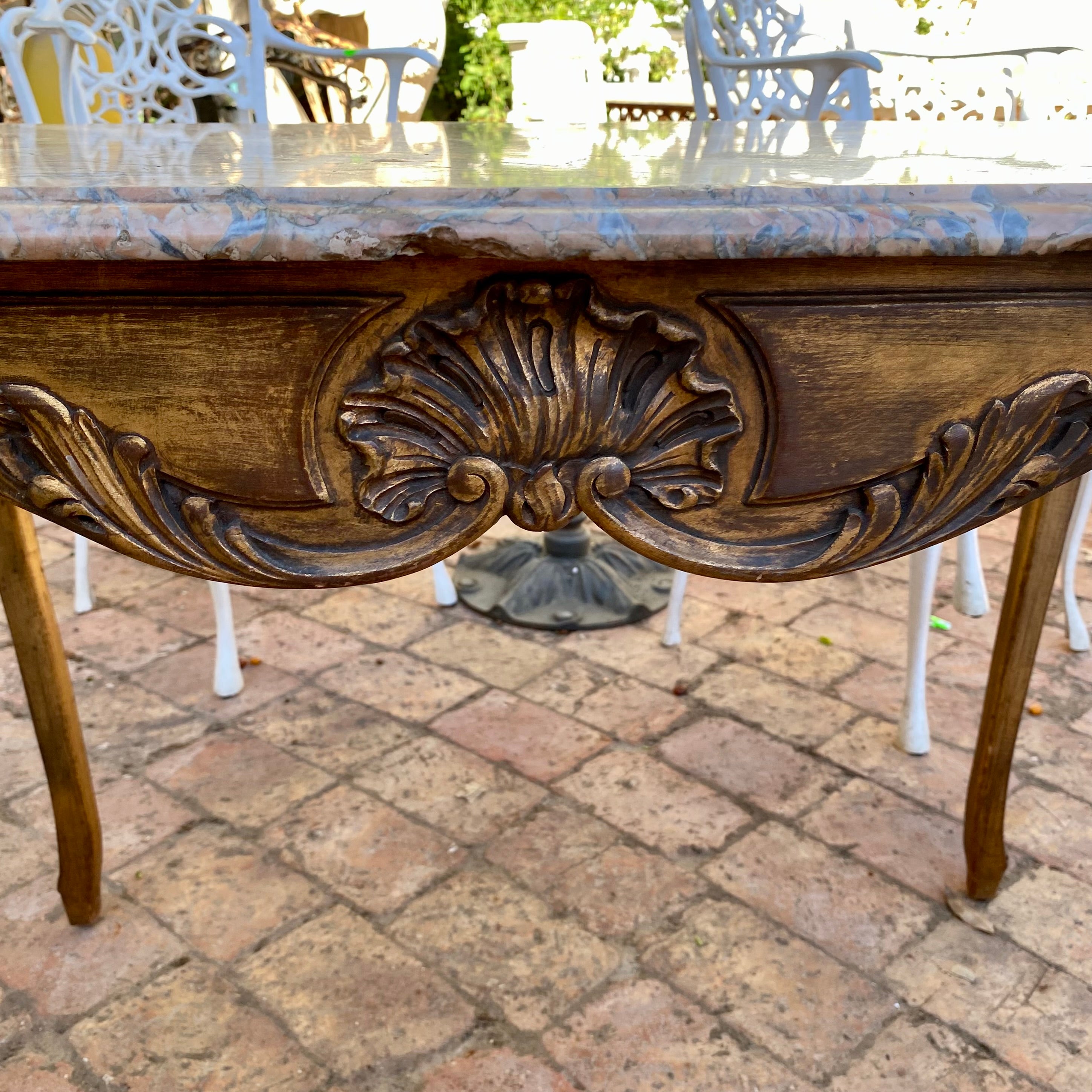 Antique French Oak Table with Beautiful Marble Table and Gold Accents