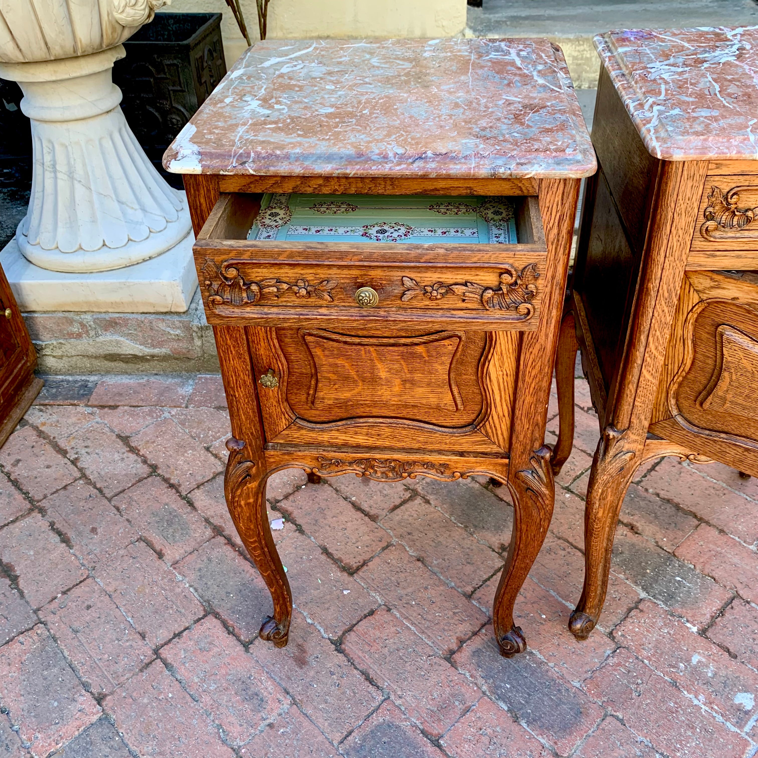 Antique French Oak Pedestals with Marble Top