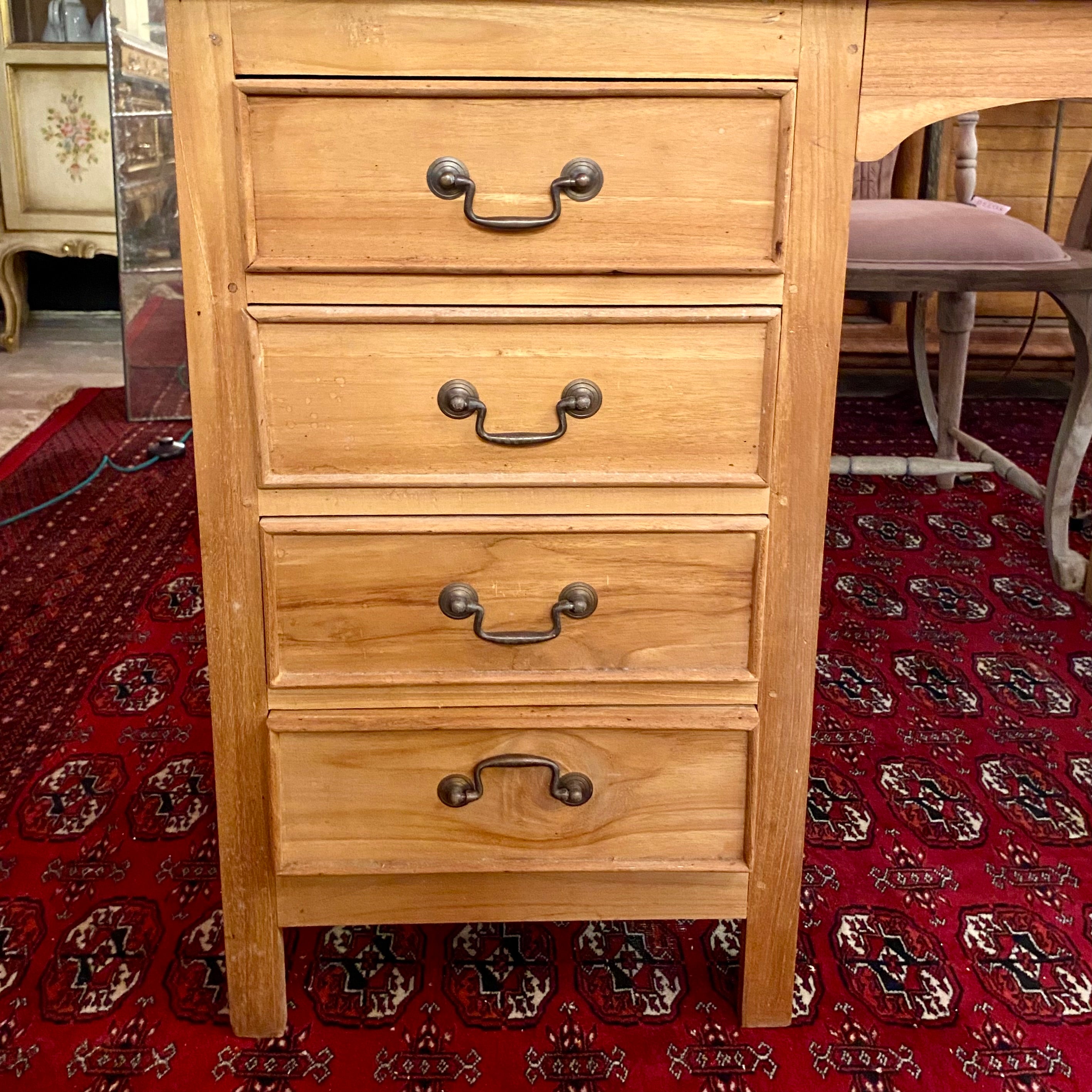 Solid Antique Teak Partner's Desk with Brass Handles