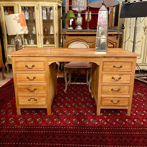 Solid Antique Teak Partner's Desk with Brass Handles