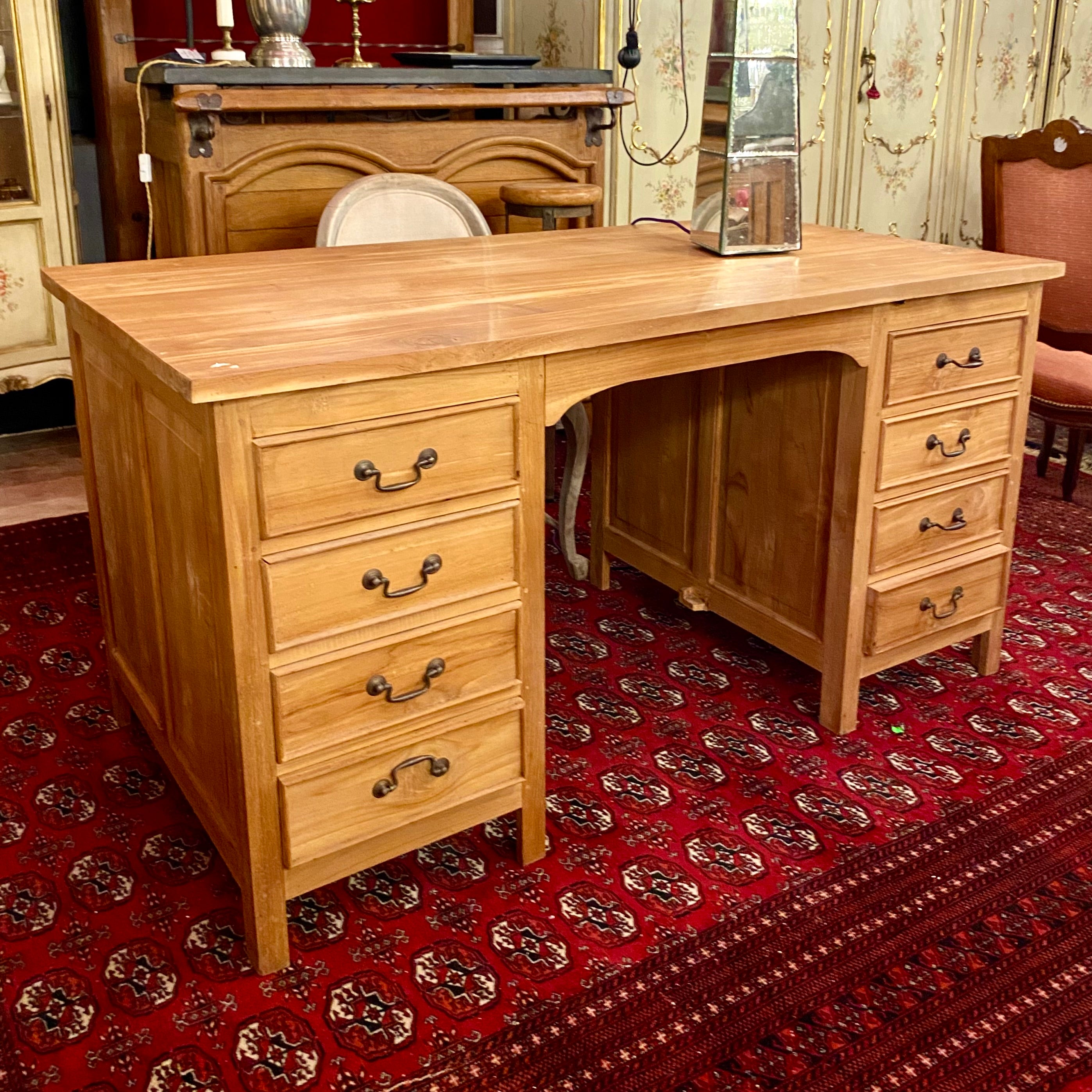 Solid Antique Teak Partner's Desk with Brass Handles