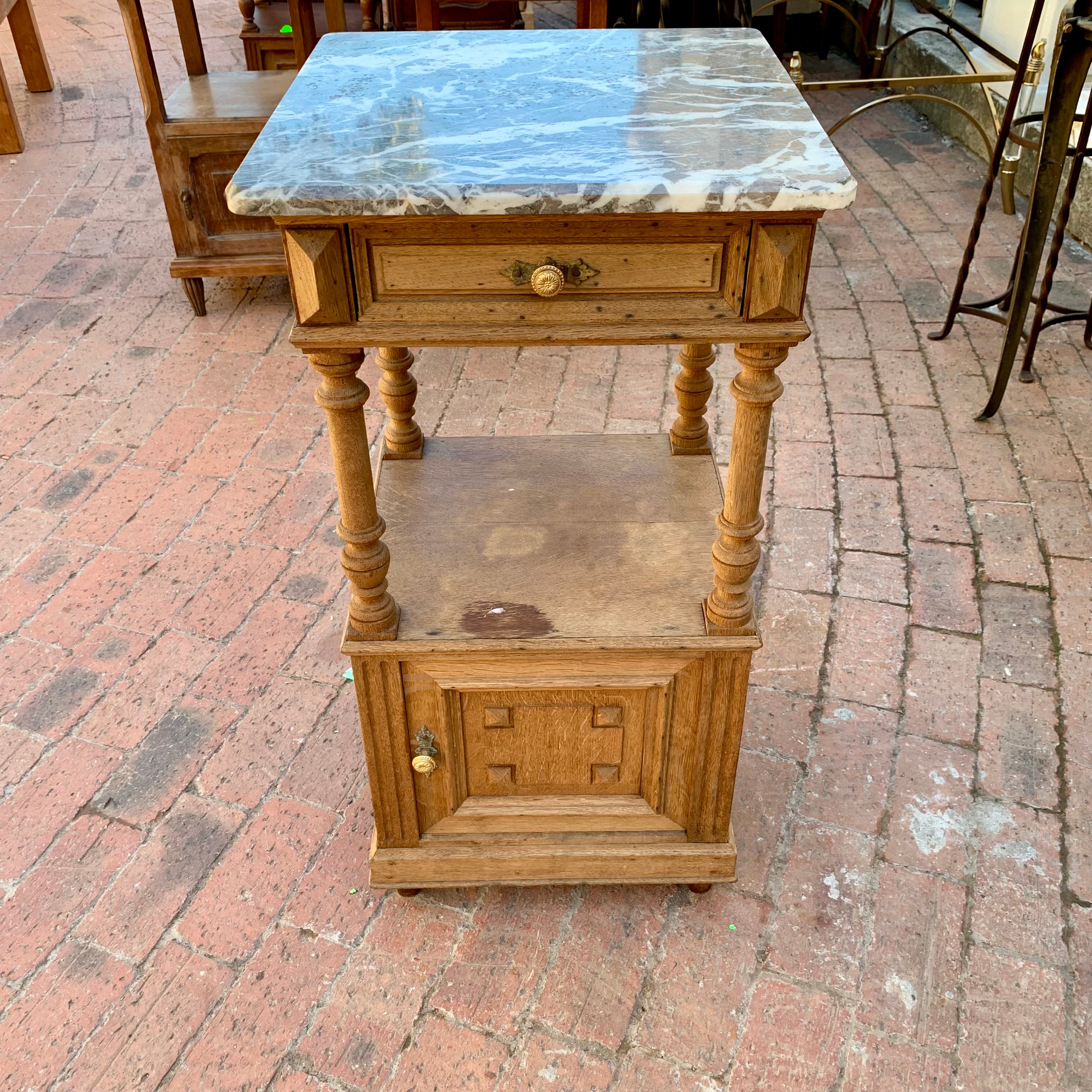 Pretty Antique Oak Single Pedestal with Grey Marble Top