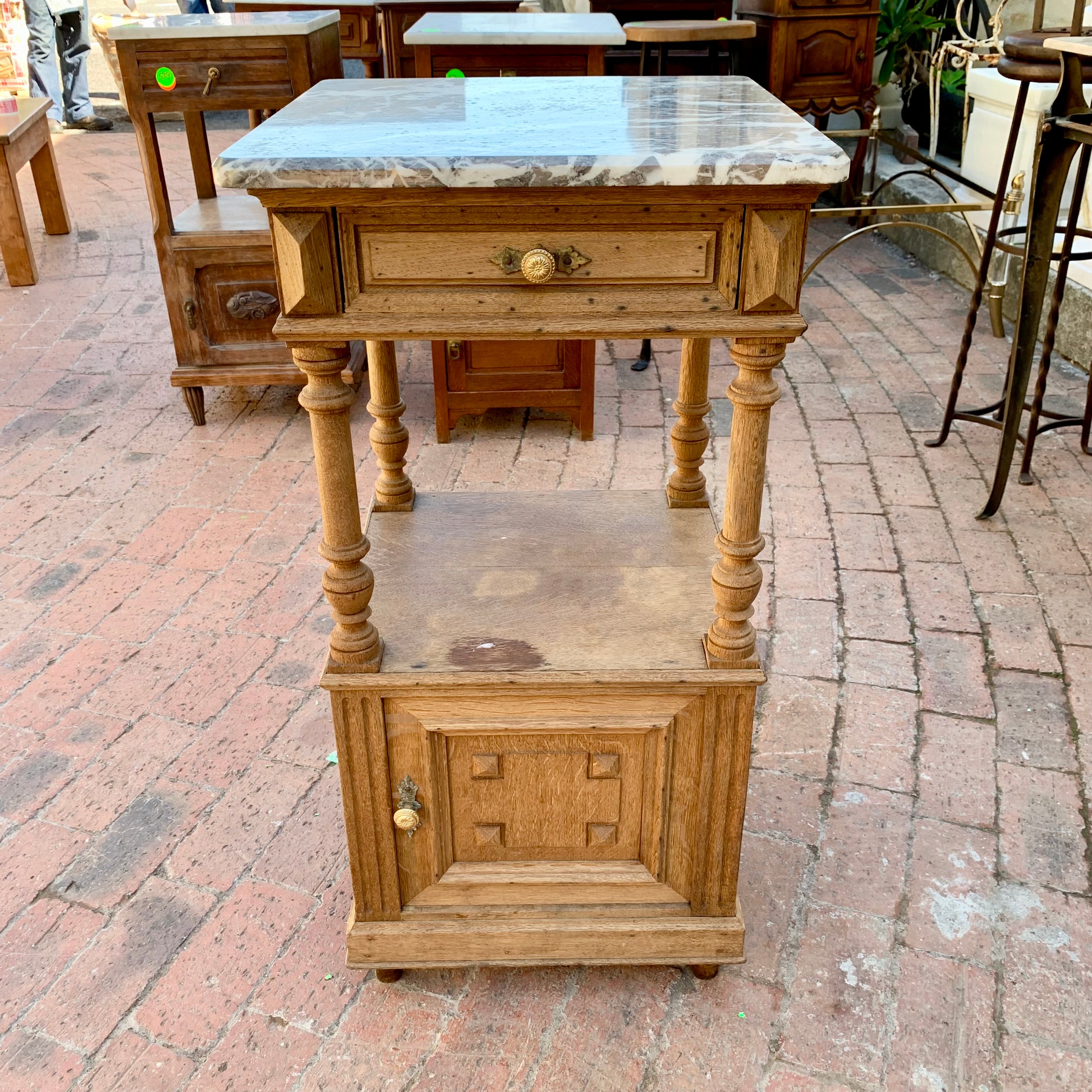 Pretty Antique Oak Single Pedestal with Grey Marble Top