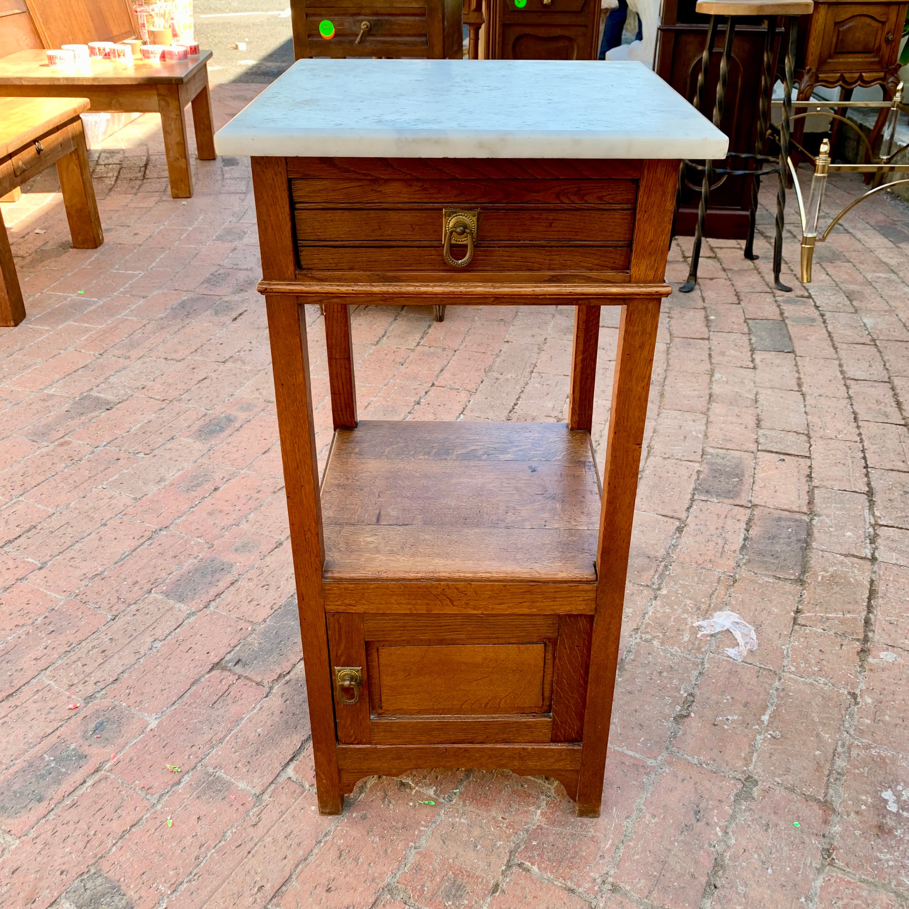 Single Antique Oak Pedestal with Brass Handles