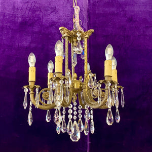 Stylish Antique Brass and Crystal Chandelier