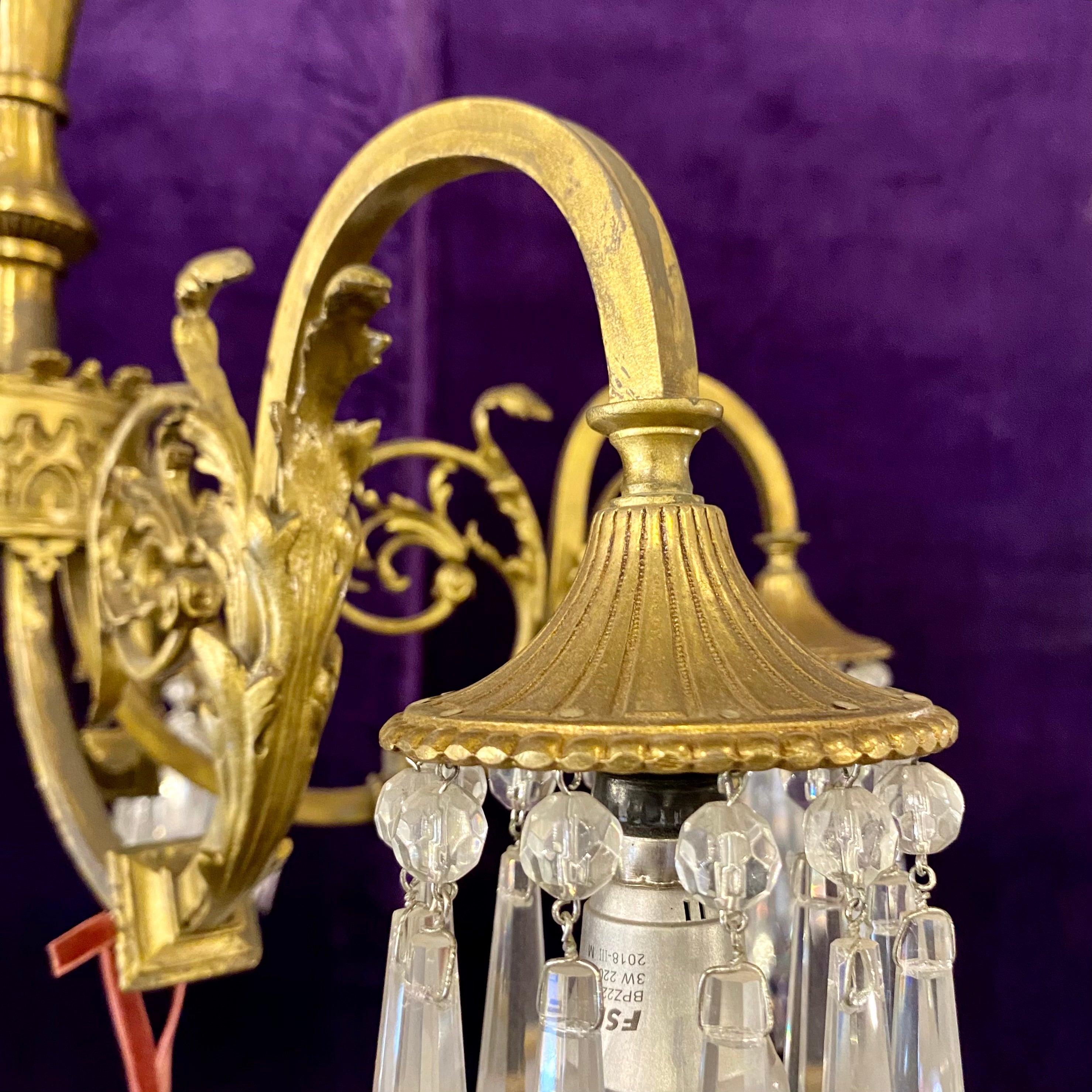 Antique Victorian Brass Chandelier with Spear Crystals