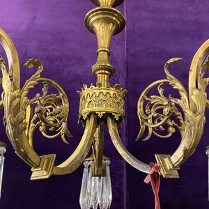 Antique Victorian Brass Chandelier with Spear Crystals