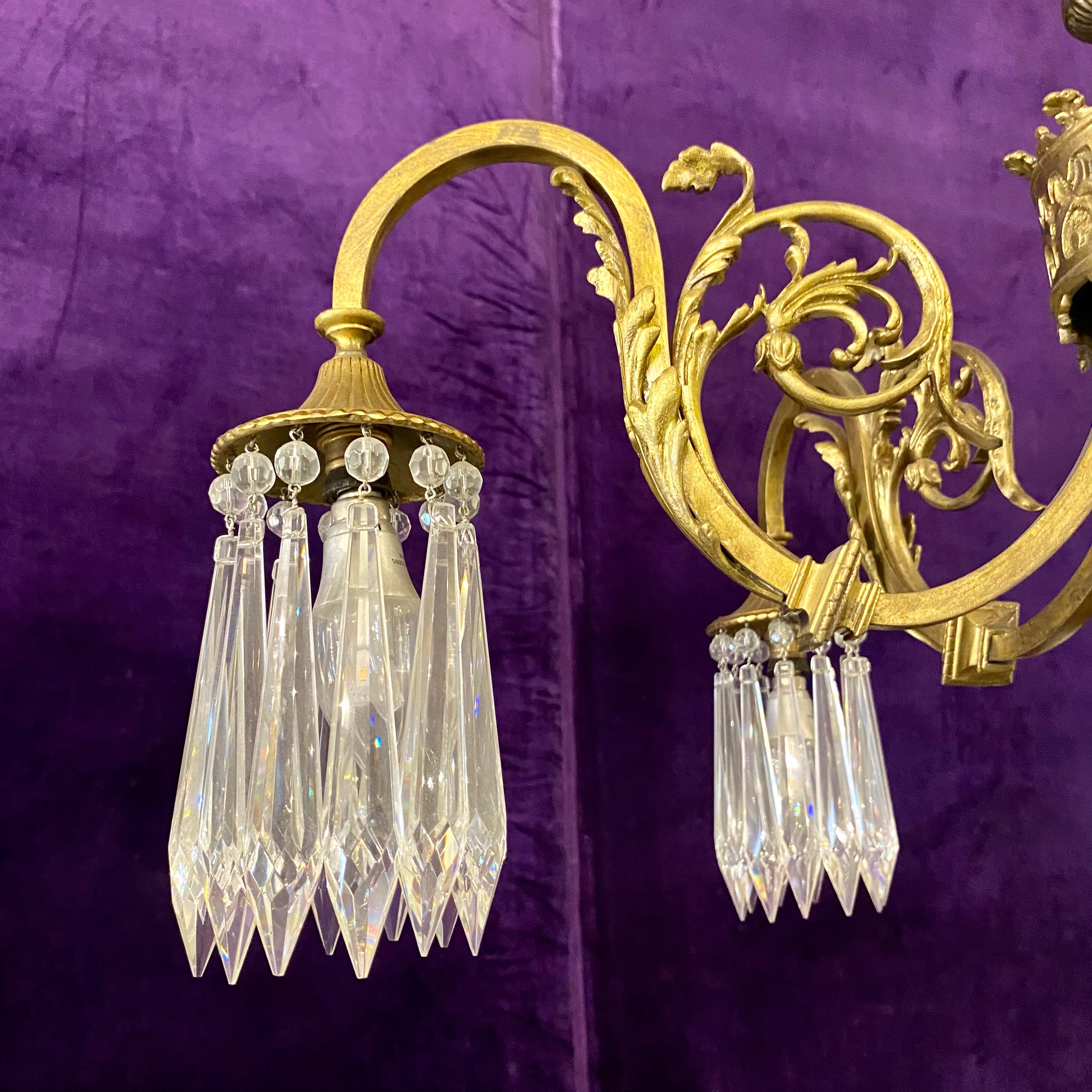 Antique Victorian Brass Chandelier with Spear Crystals