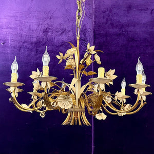 Italian Gilt Tôle and Painted Floral Chandelier, Mid-20th Century