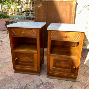 Pair of Art Deco Oak Carved Bedside Pedestals With Marble Top