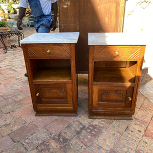 Pair of Art Deco Oak Carved Bedside Pedestals With Marble Top