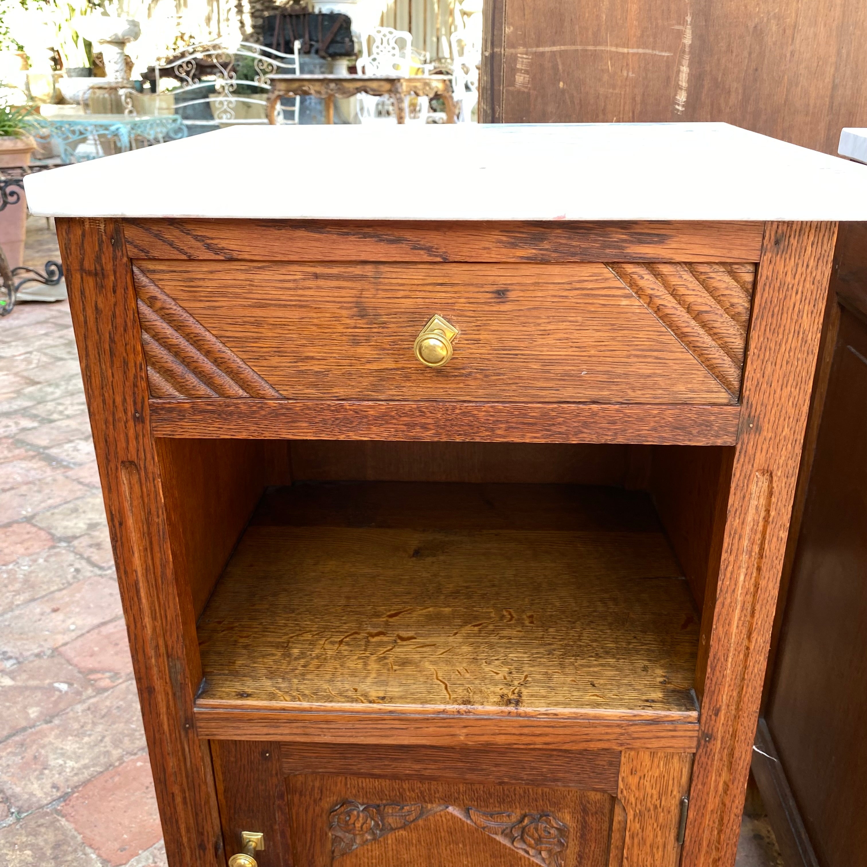 Pair of Art Deco Oak Carved Bedside Pedestals With Marble Top