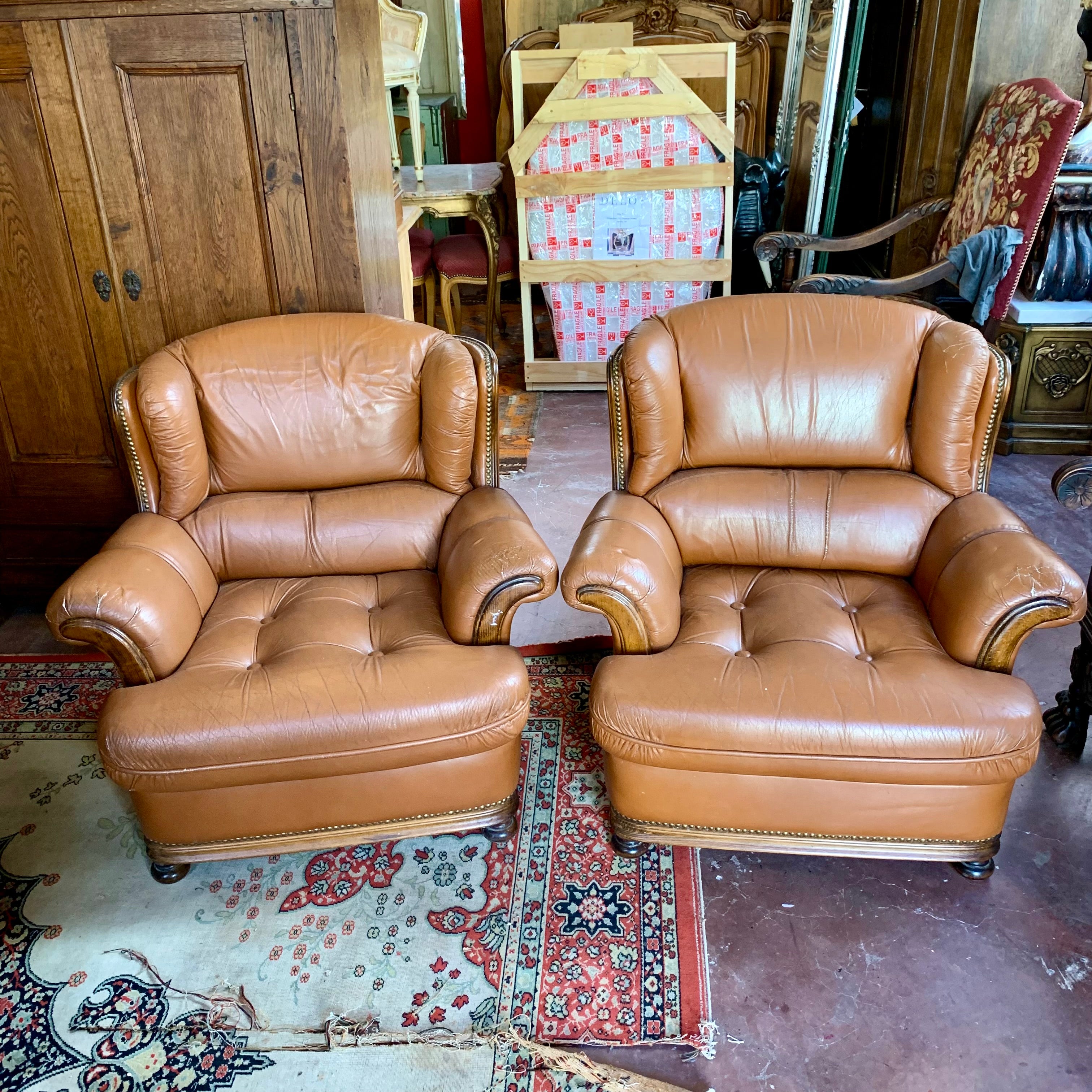 Pair of Stylish Tan Leather Wingback Armchairs