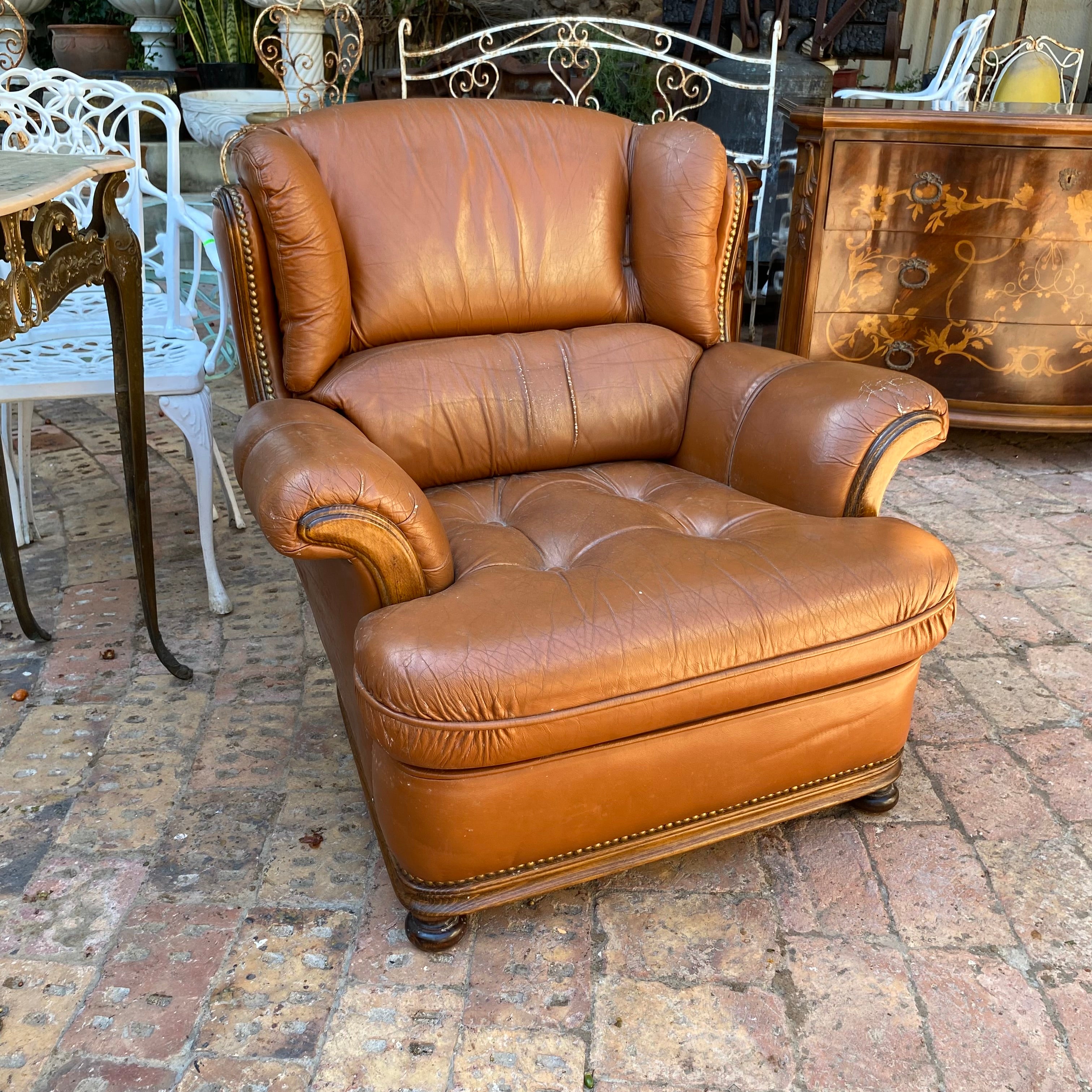 Pair of Stylish Tan Leather Wingback Armchairs