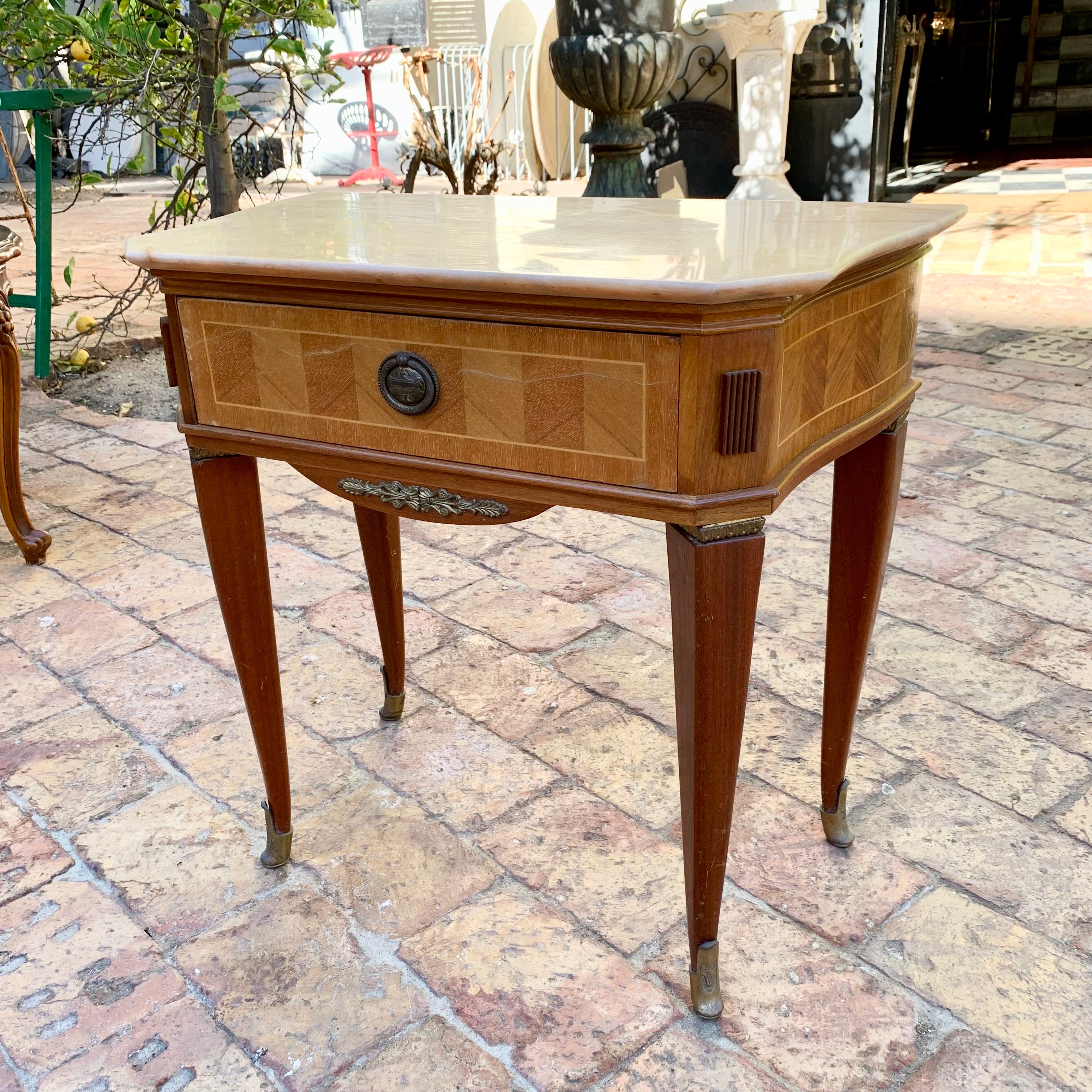 Petite Vintage Table with Marble Top and Brass Detailing