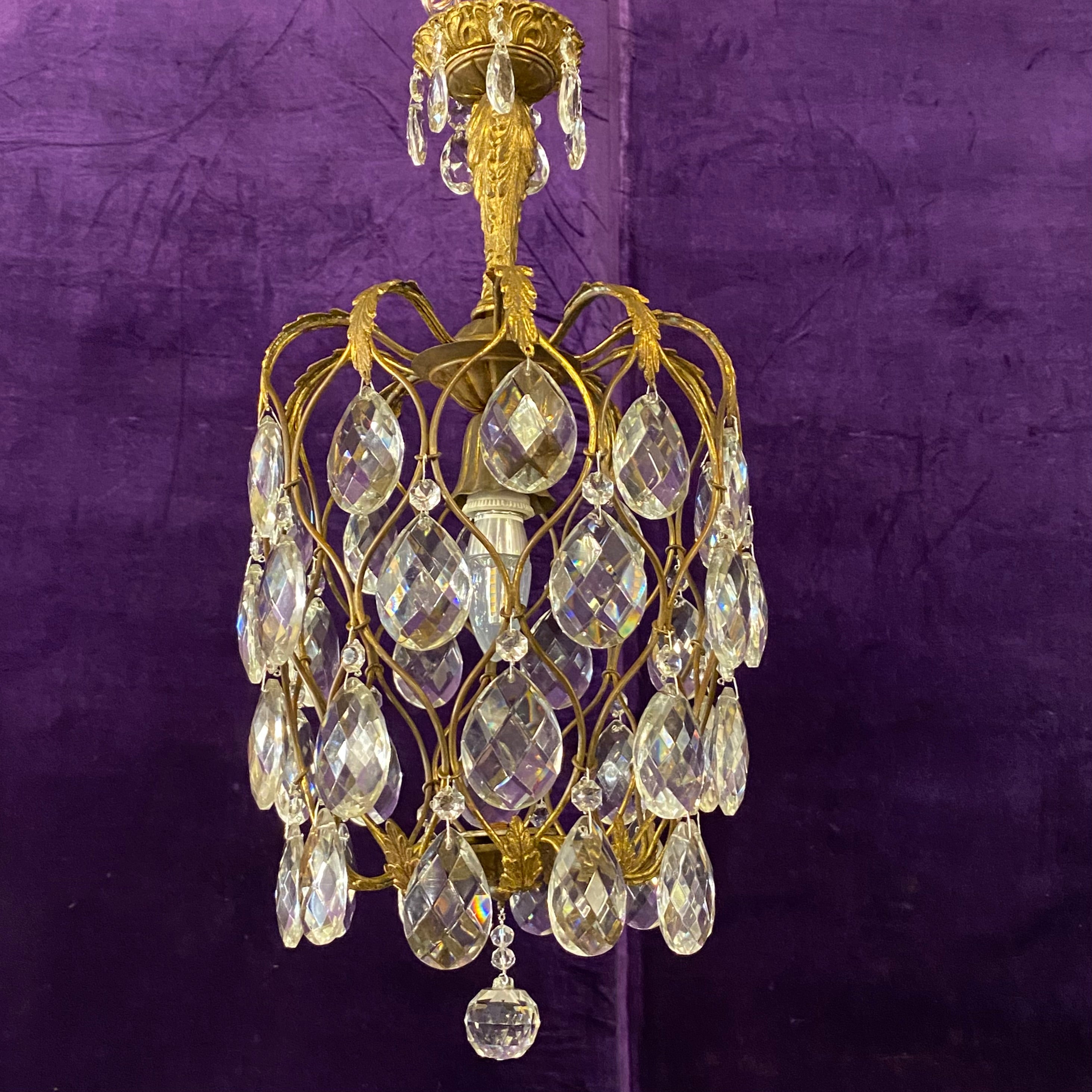 Vintage Cage Chandelier with Teardrop Crystals