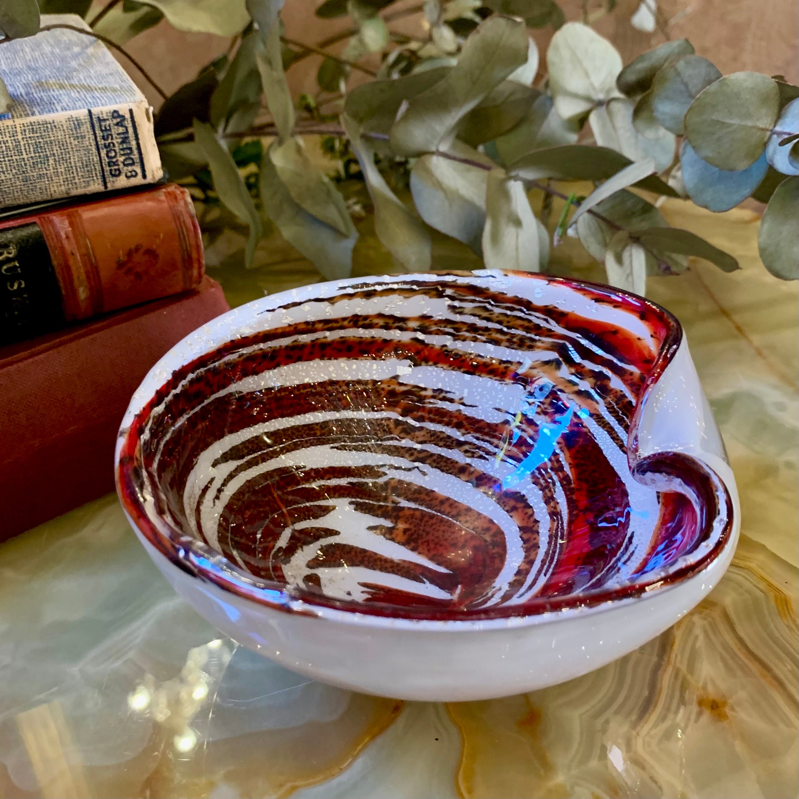 Swirled Red and Flecked White Murano Ashtray