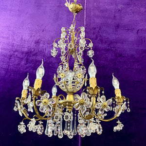 Italian Gilt Metal and Crystal Flower Chandelier, Mid-20th Century