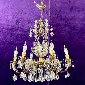 Italian Gilt Metal and Crystal Flower Chandelier, Mid-20th Century