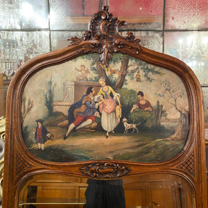 Stunning Antique Walnut Trumeau Mirror with Hand Painted Artwork