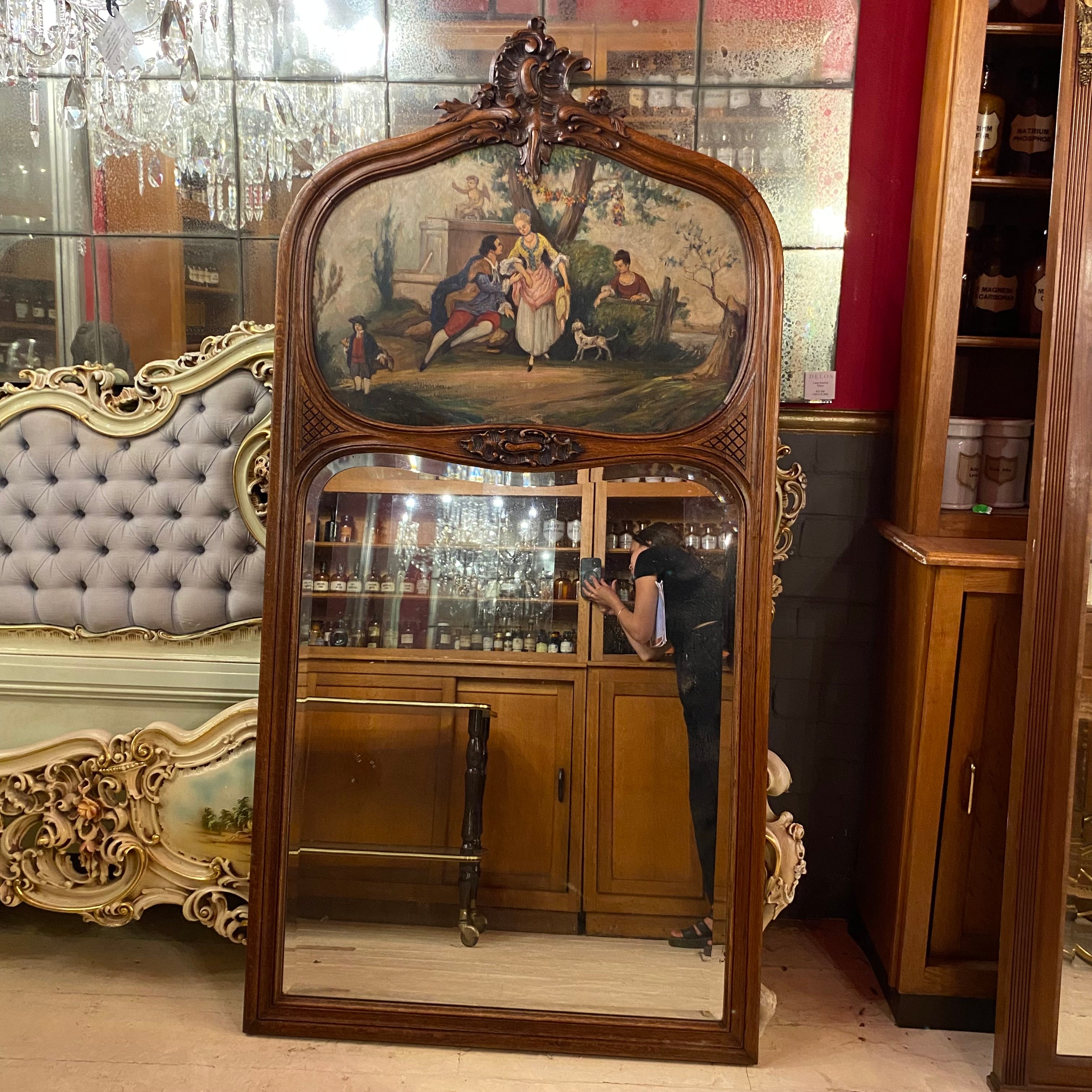 Stunning Antique Walnut Trumeau Mirror with Hand Painted Artwork