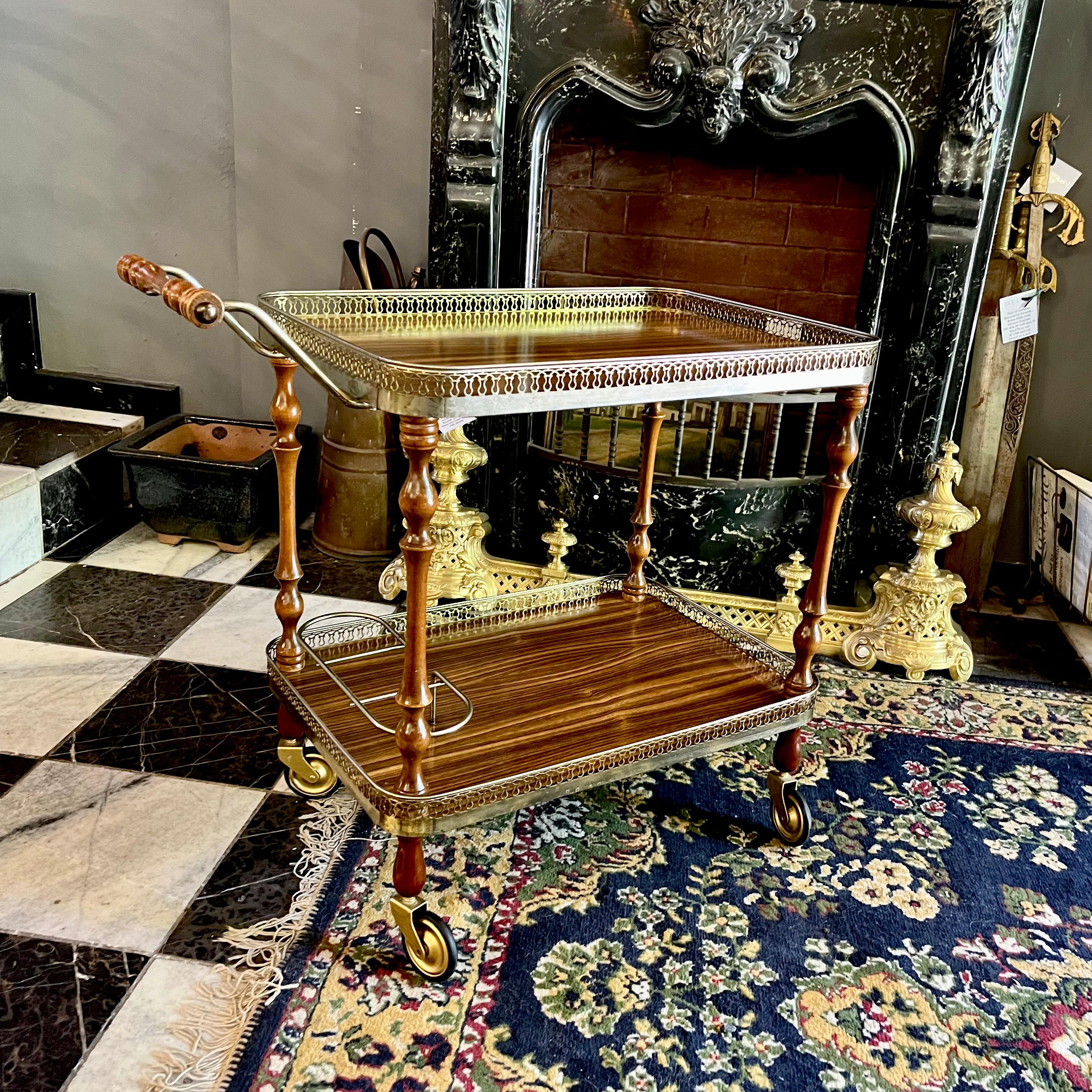 Vintage Two-Tier Drinks Trolley with Brass Gallery, c. 1960s - SOLD