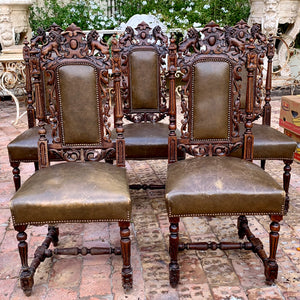 Antique French Carved Dark Oak And Leather Dining Chairs