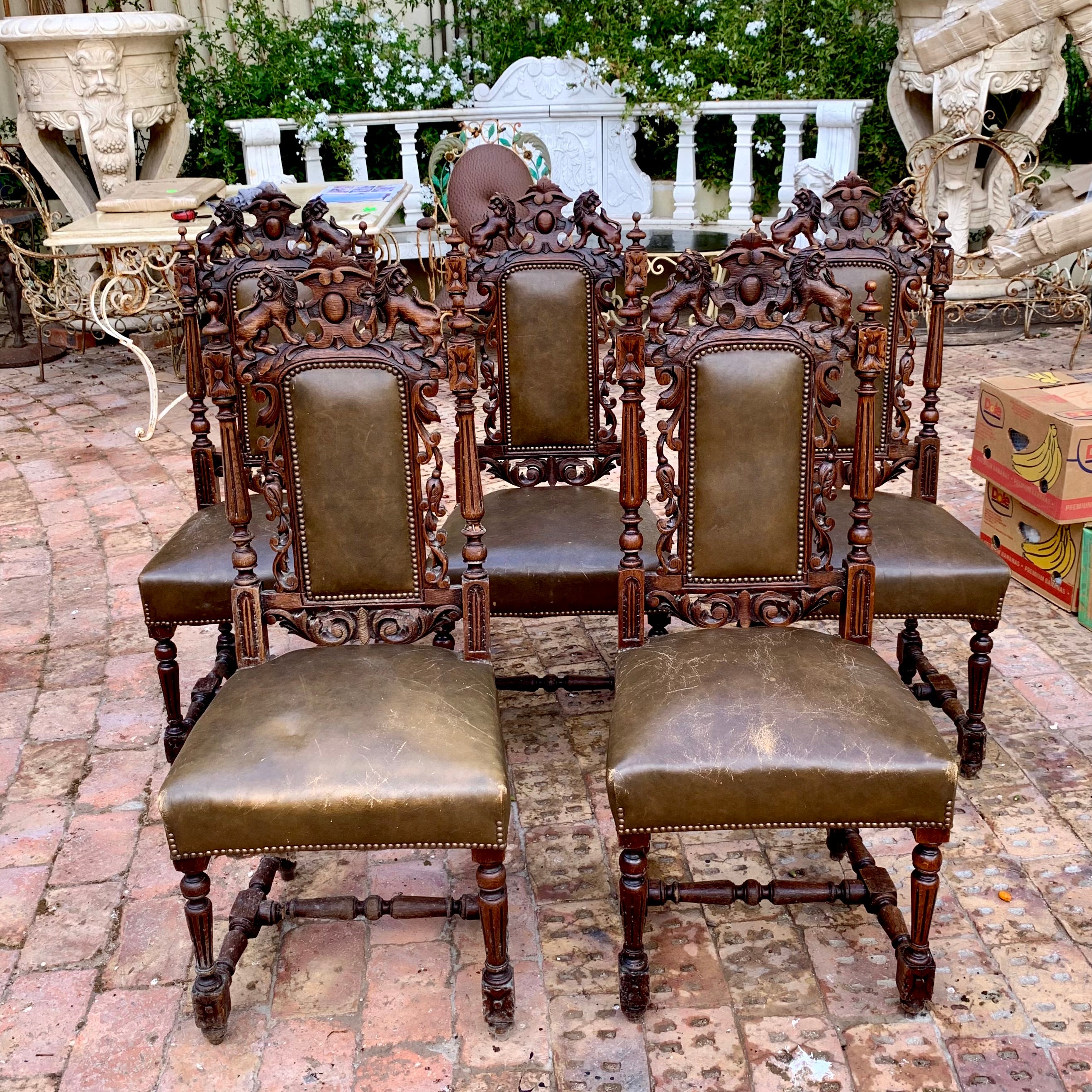 Antique French Carved Dark Oak And Leather Dining Chairs