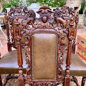 Antique French Carved Dark Oak And Leather Dining Chairs