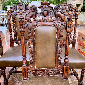 Antique French Carved Dark Oak And Leather Dining Chairs