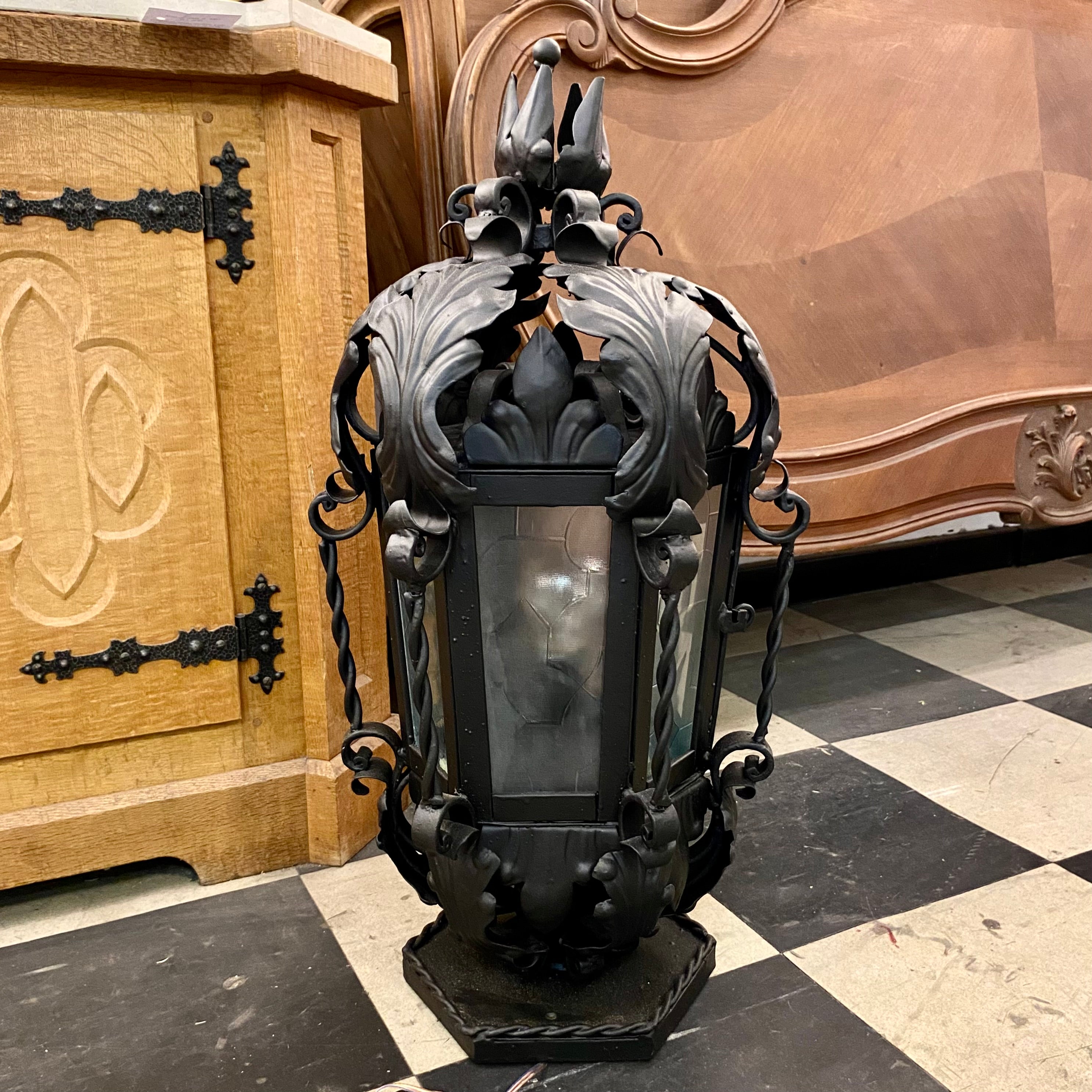 Antique Wrought Iron Lanterns with Aged Glass - SOLD