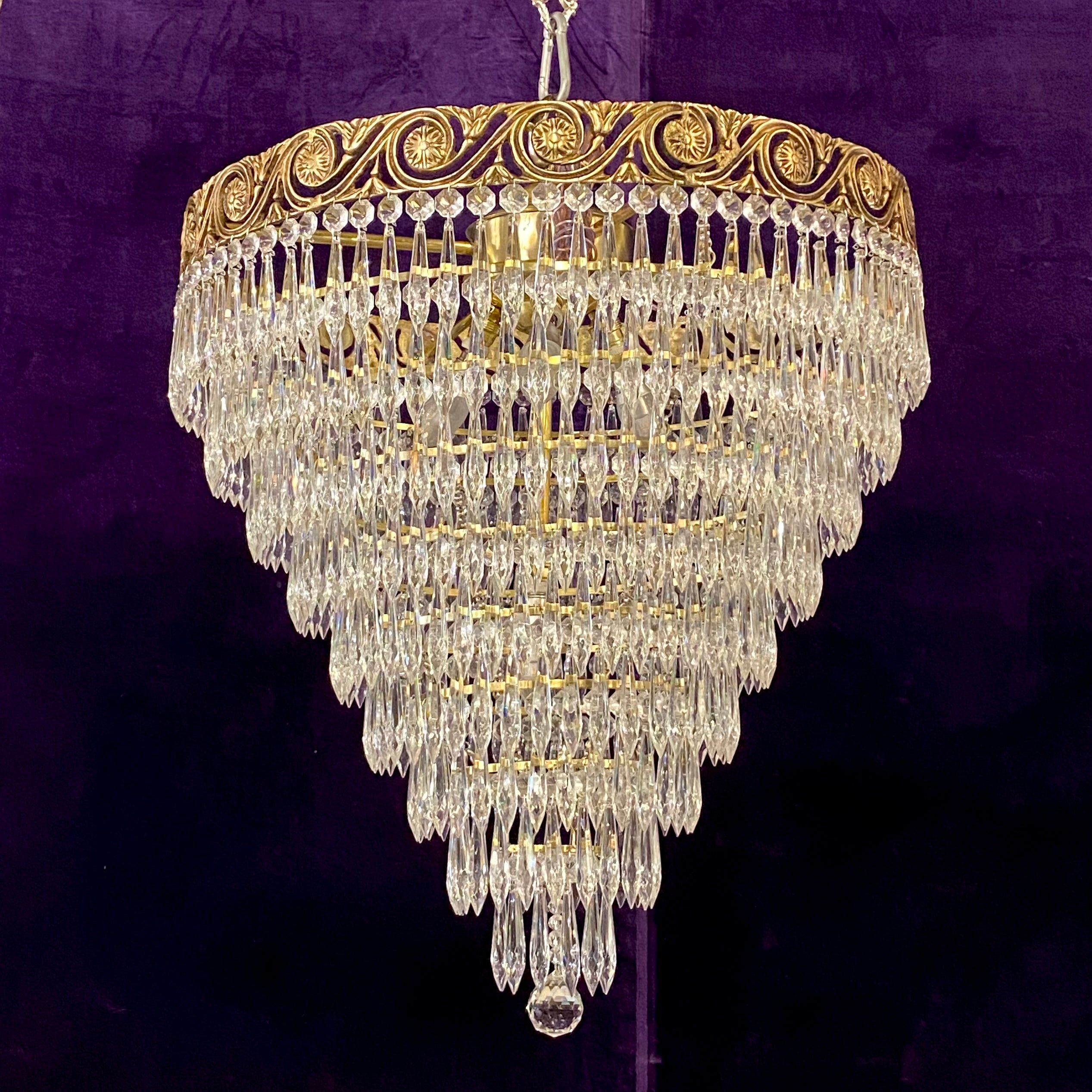 Aged Brass and Crystal Waterfall Chandelier