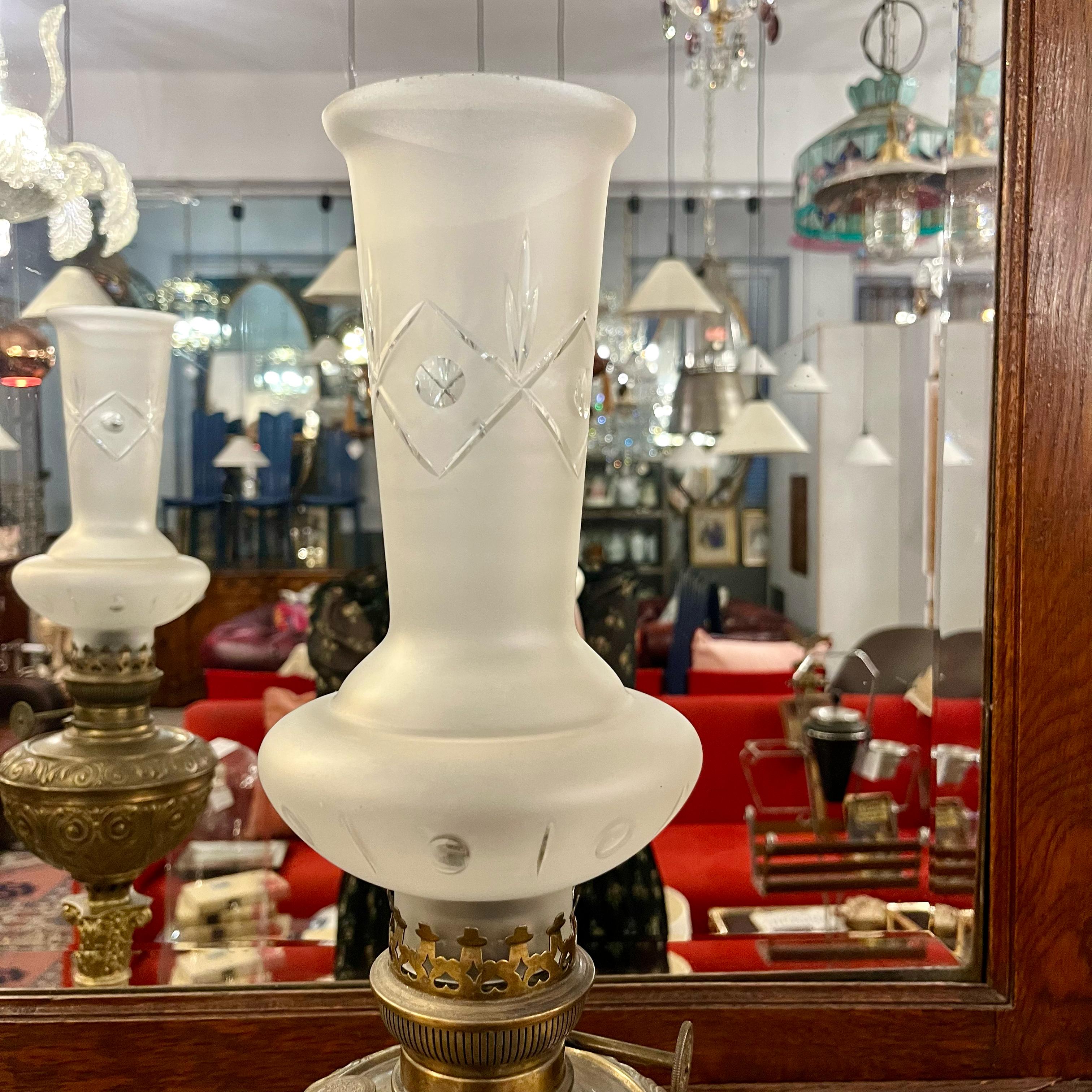 Pair of Brass and Onyx Lams with Frosted Shade